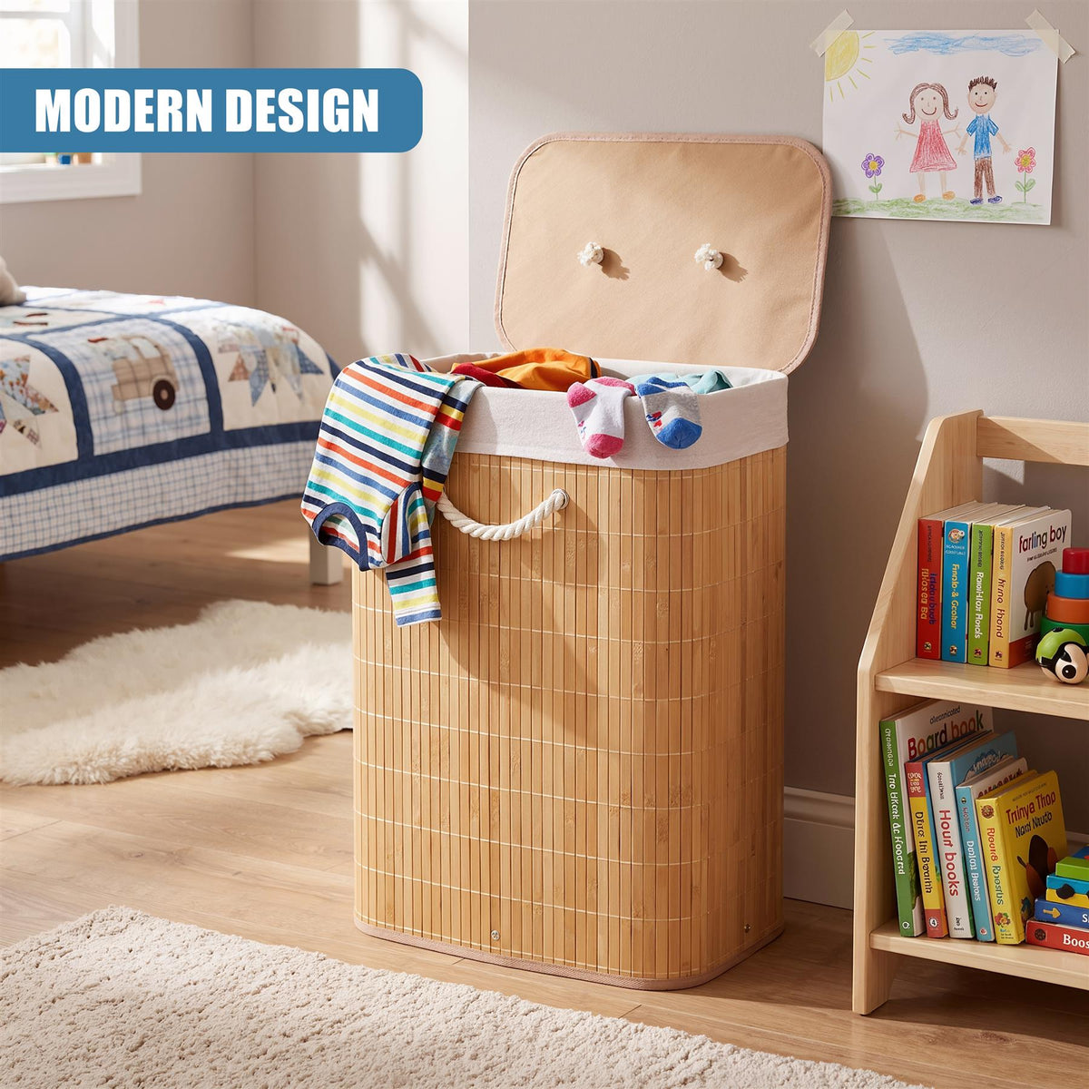 Brown bamboo laundry hamper with lid and rope handles, filled with clothes, in a child's bedroom next to a bookshelf