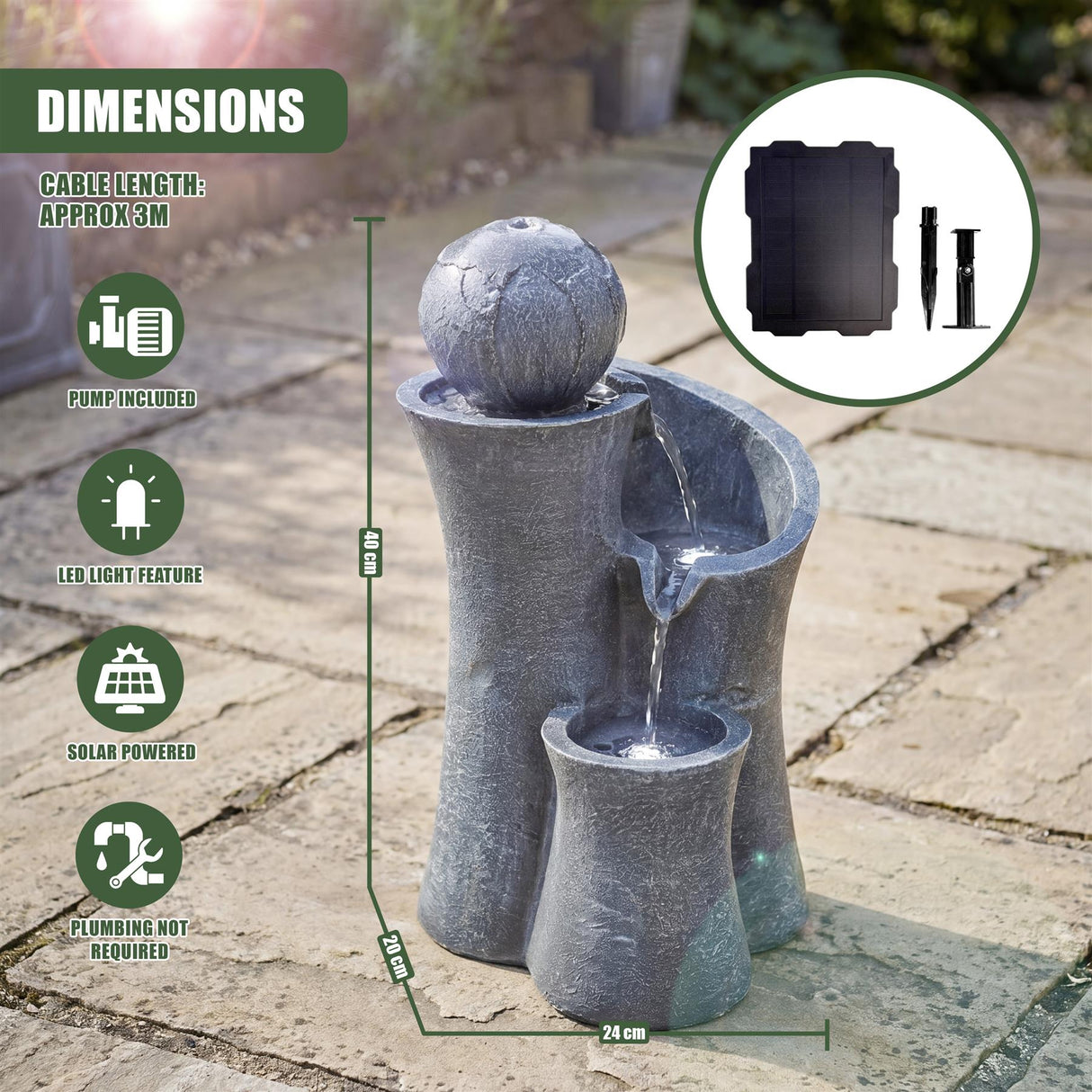 Solar Water Feature with Sphere on Top & LED Lights