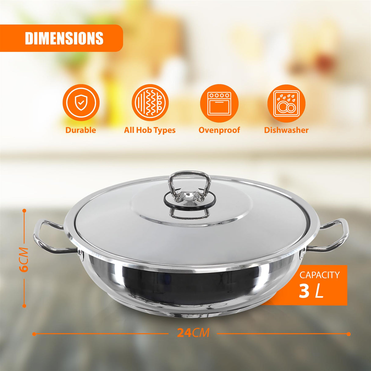 Gastro Shallow Pot With Lid 24 x 6 cm by Hascevher - UKBuyZone