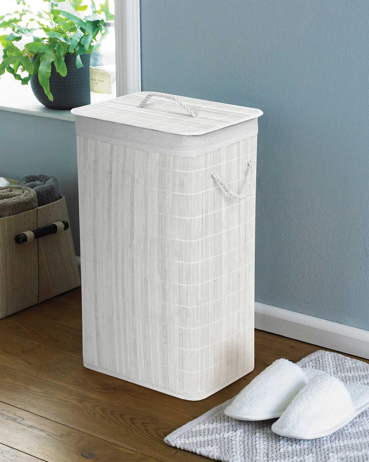 Rectangular Bamboo Laundry Hamper with Lid, White by GEEZY - UKBuyZone
