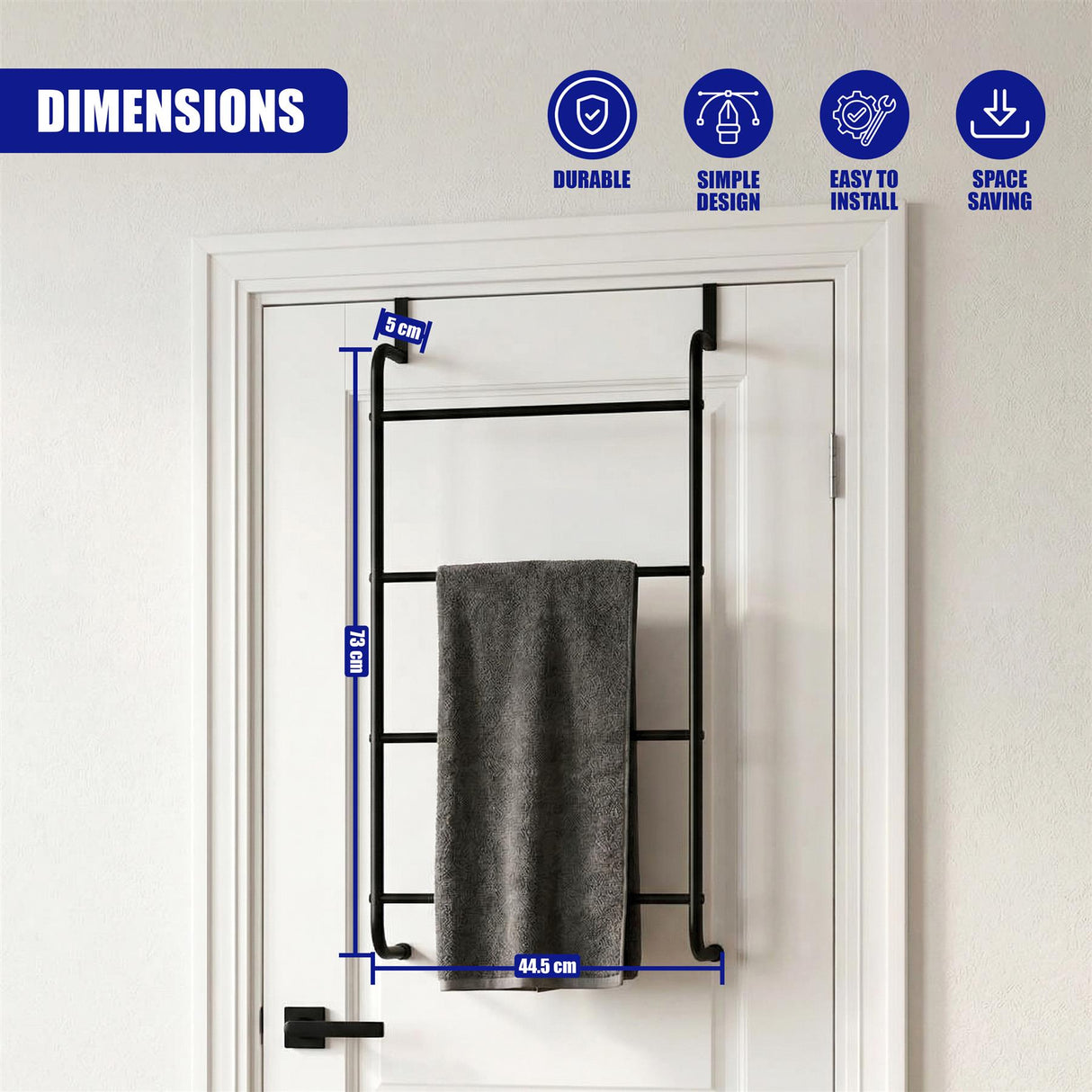 Black towel rail measuring 73 cm by 44.5 cm hanging on a white interior door.