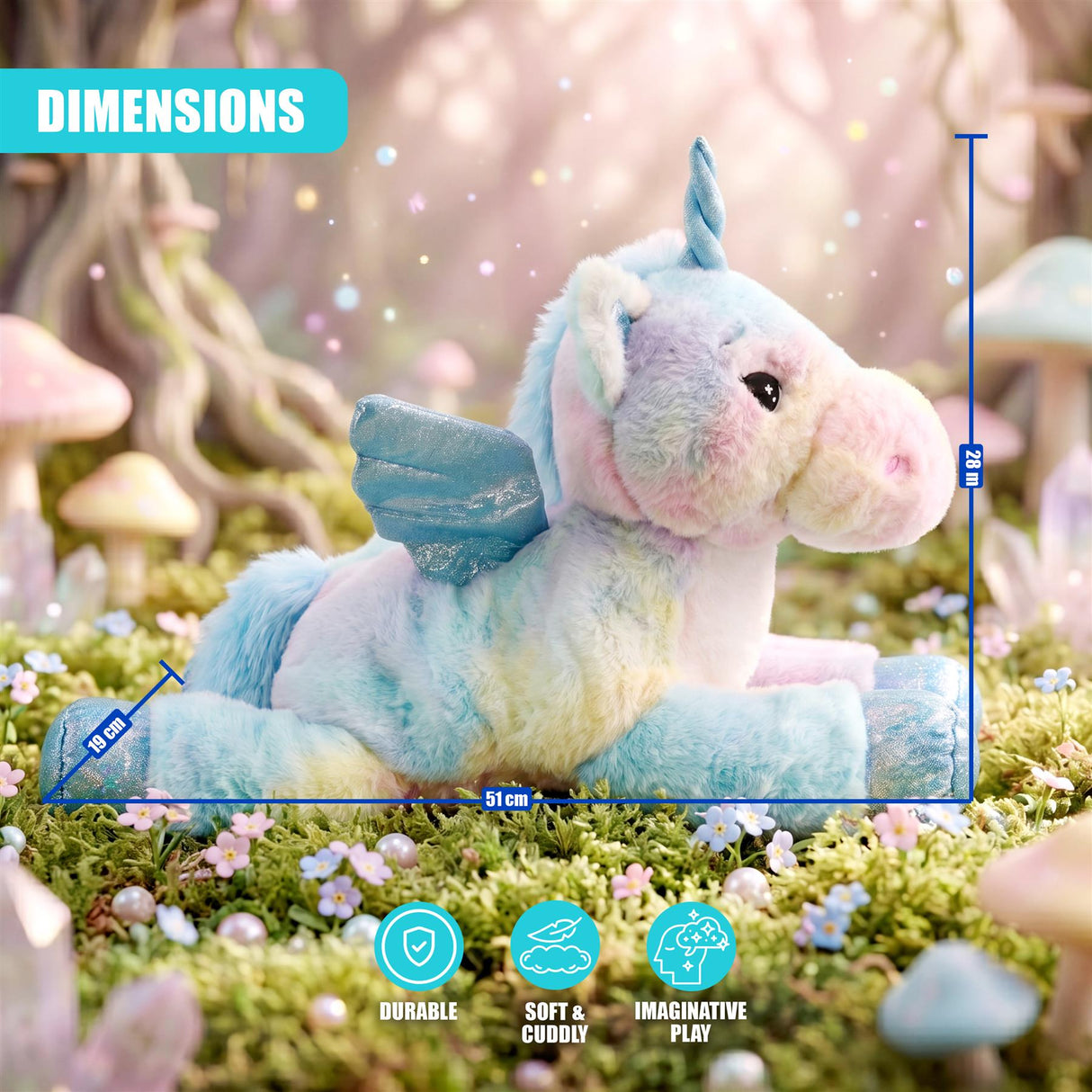 Plush light blue unicorn toy displayed on moss. The image includes dimensional measurements of the toy.