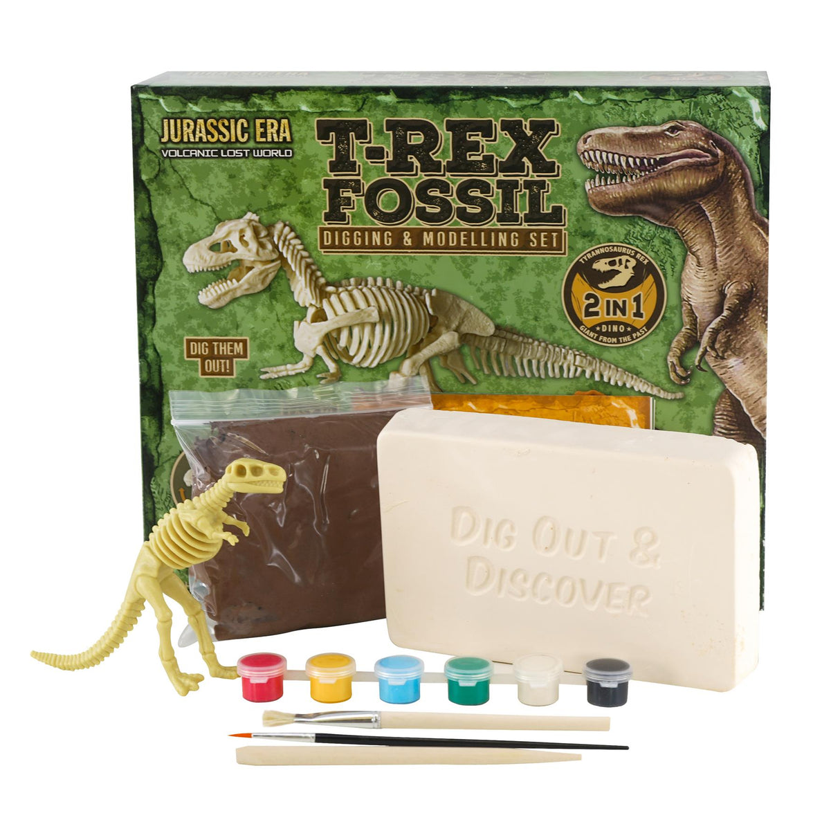 Kit includes a box, dinosaur models, paint cups, a dig block, and painting tools.