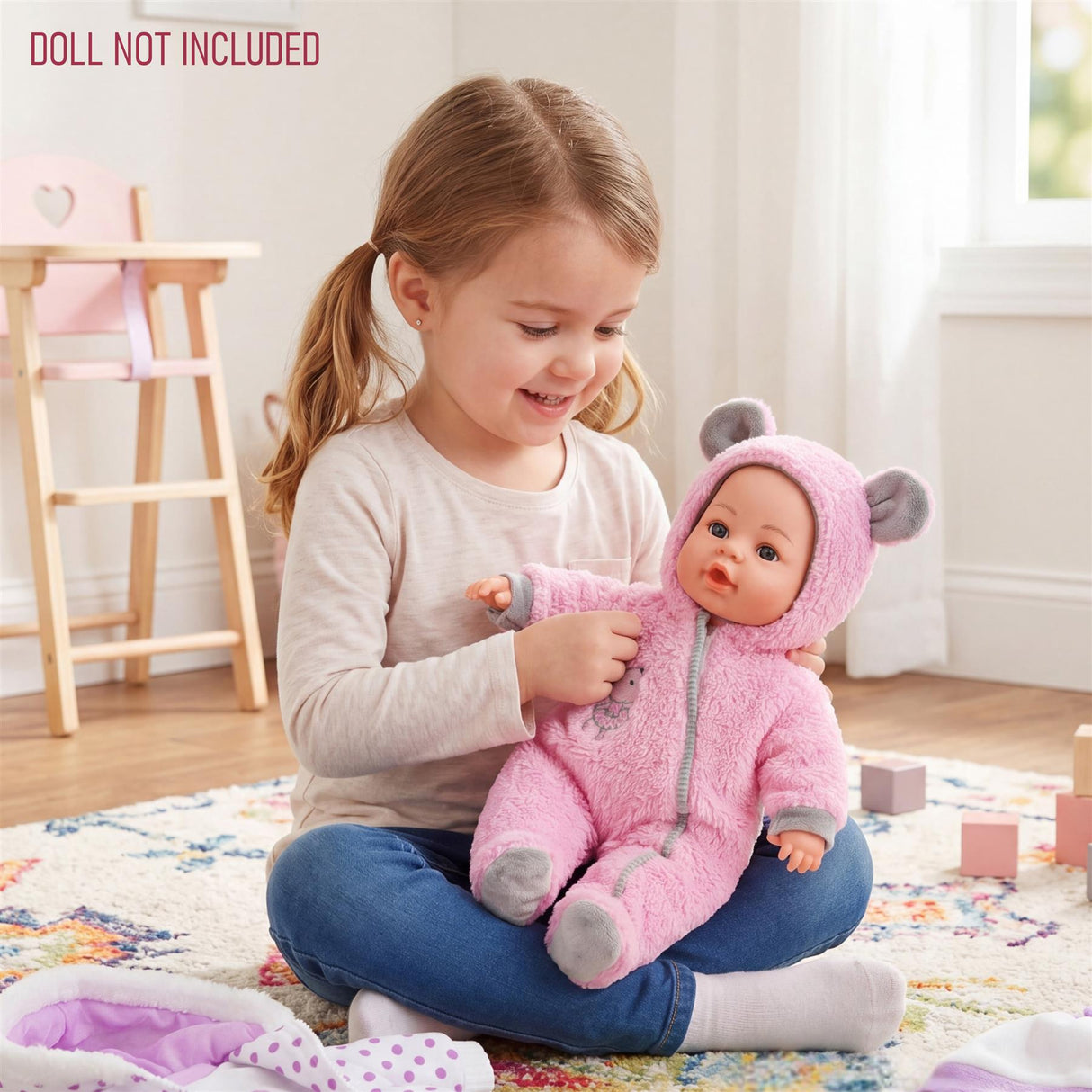 A girl sits on a rug, interacting with a doll dressed in a pink hooded outfit.