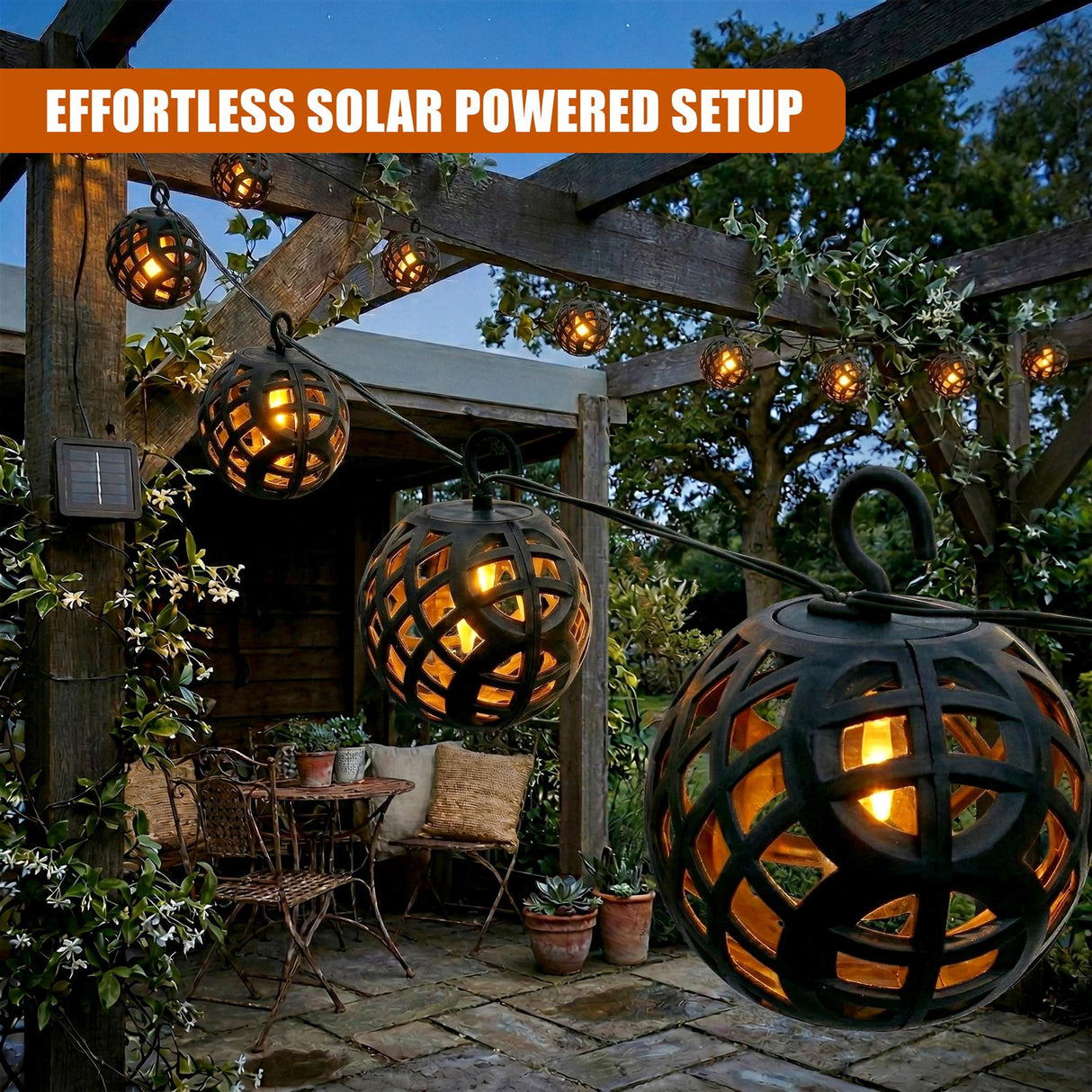 Multiple dark, spherical caged lanterns are strung across a wooden outdoor patio arbor.