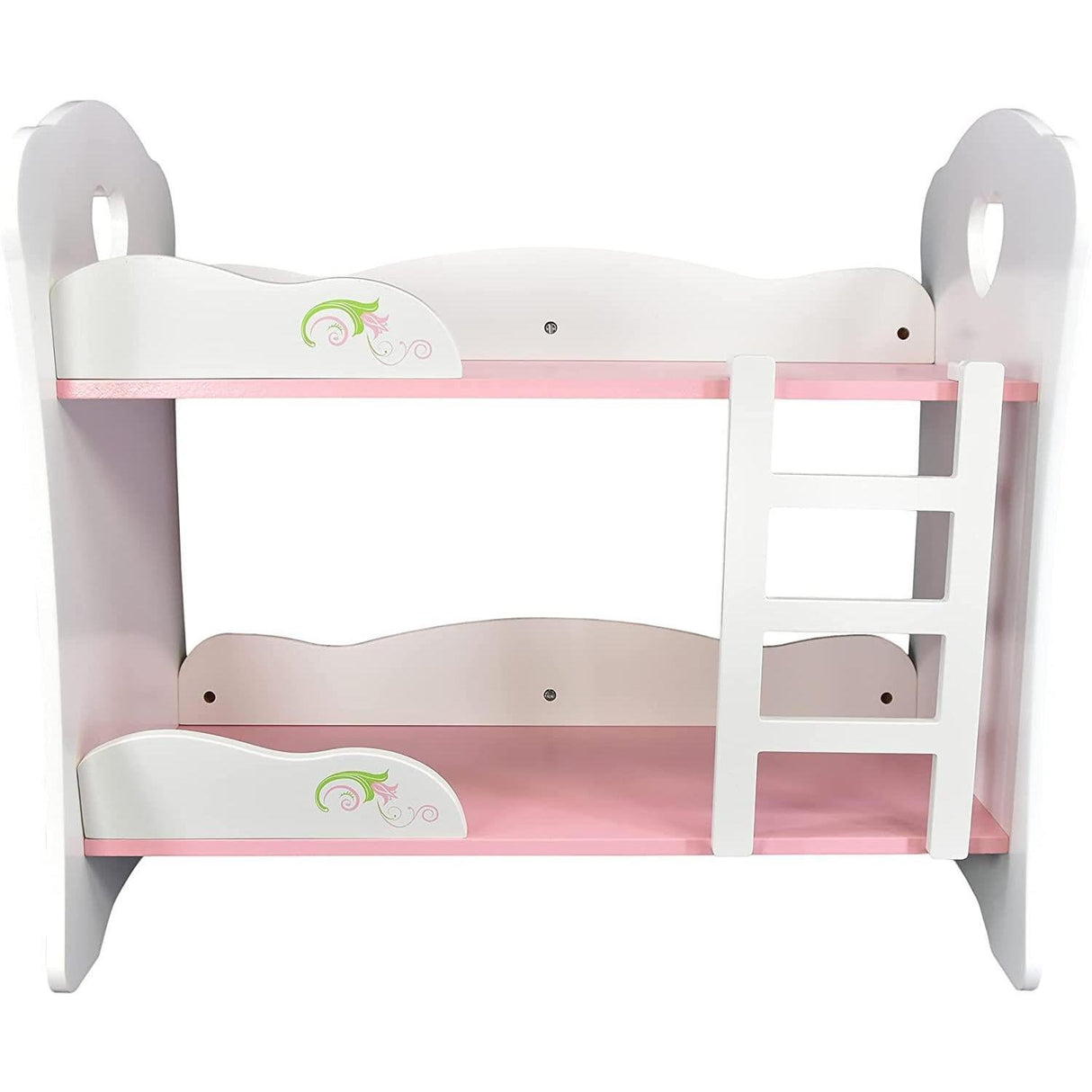Pink and white children's bunk bed with a car theme, one bunk has stairs on the right side. - UKBuyZone