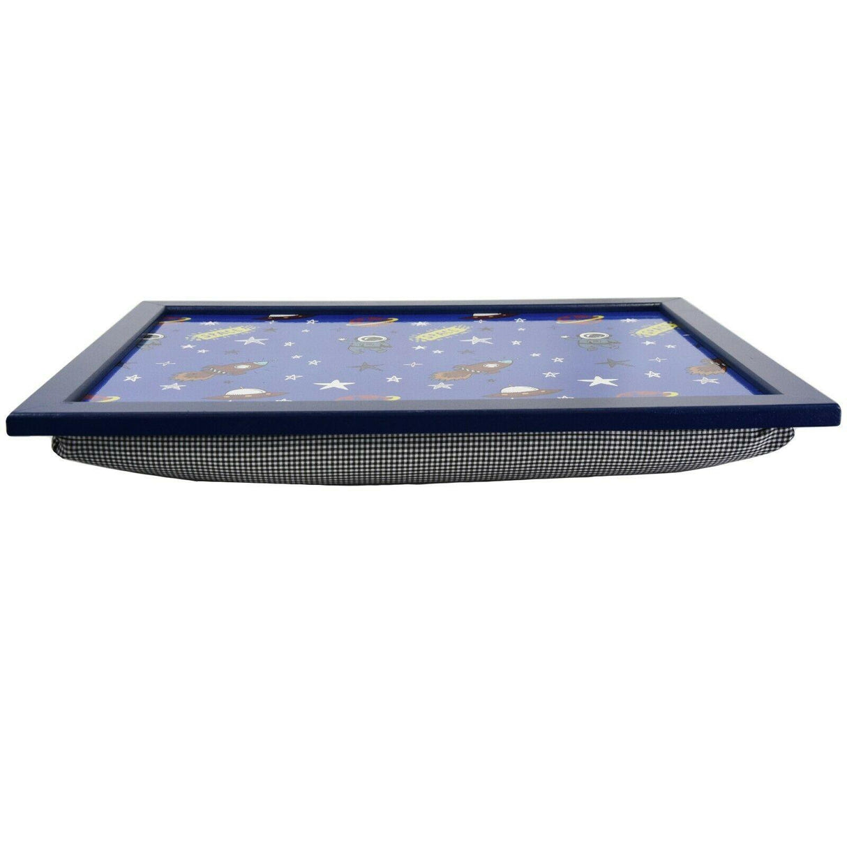 A rectangular, flat play mat with a blue background and a fun, cartoon-style design featuring various space-themed objects, including stars, planets, and a spaceship. The mat has a sturdy, foldable design with a built-in storage compartment and a carry handle, making it easy to transport and use. The mat is designed for children to play and learn, with a focus on developing their skills and interests. - UKBuyZone
