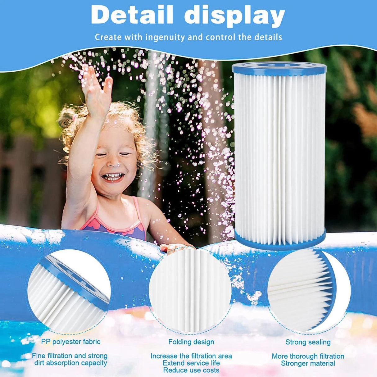 Diagrams illustrate the pleats, polyester fabric, and sealing features of replacement filter cartridges.