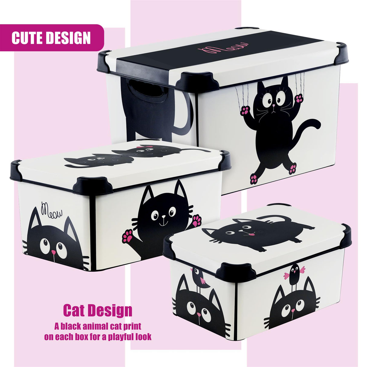 Cat Themed Storage Boxes with Lids - Set of 3 by GEEZY - UKBuyZone