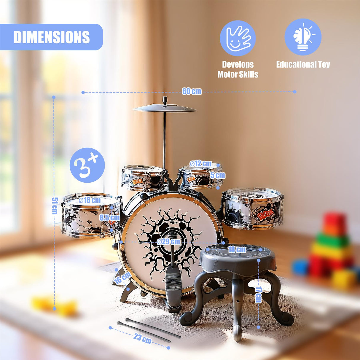 Kids Black and White Drum Kit Play Set