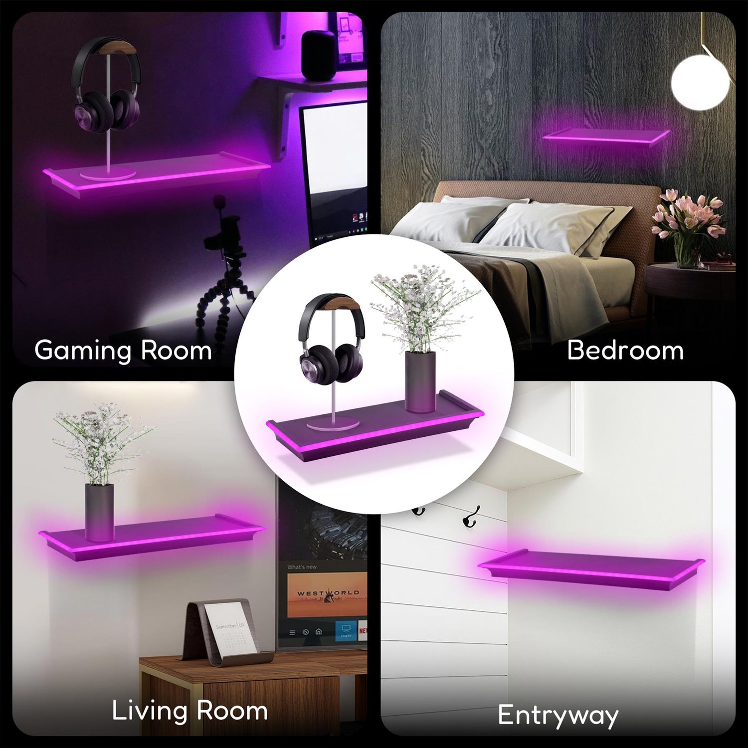 Black Floating Shelves with LED Neon Lights by GEEZY - UKBuyZone