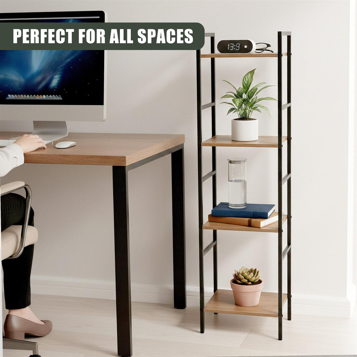 Four-tier black metal shelving holds plants, a digital clock, a vase, and stacked books.