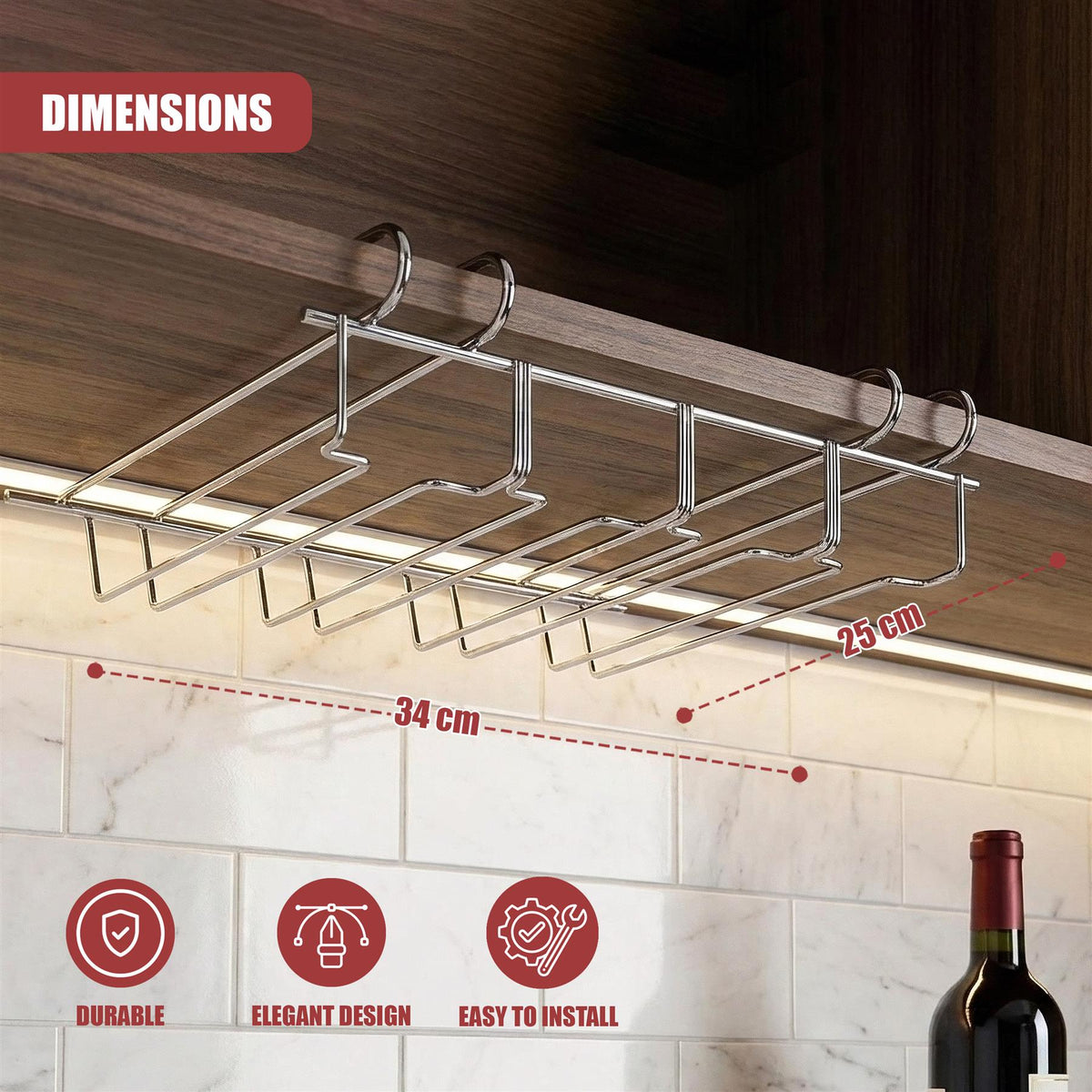Under Shelf Wine Glass Rack by GEEZY, a stainless steel rack mounted under a wooden shelf holding wine glasses, set against