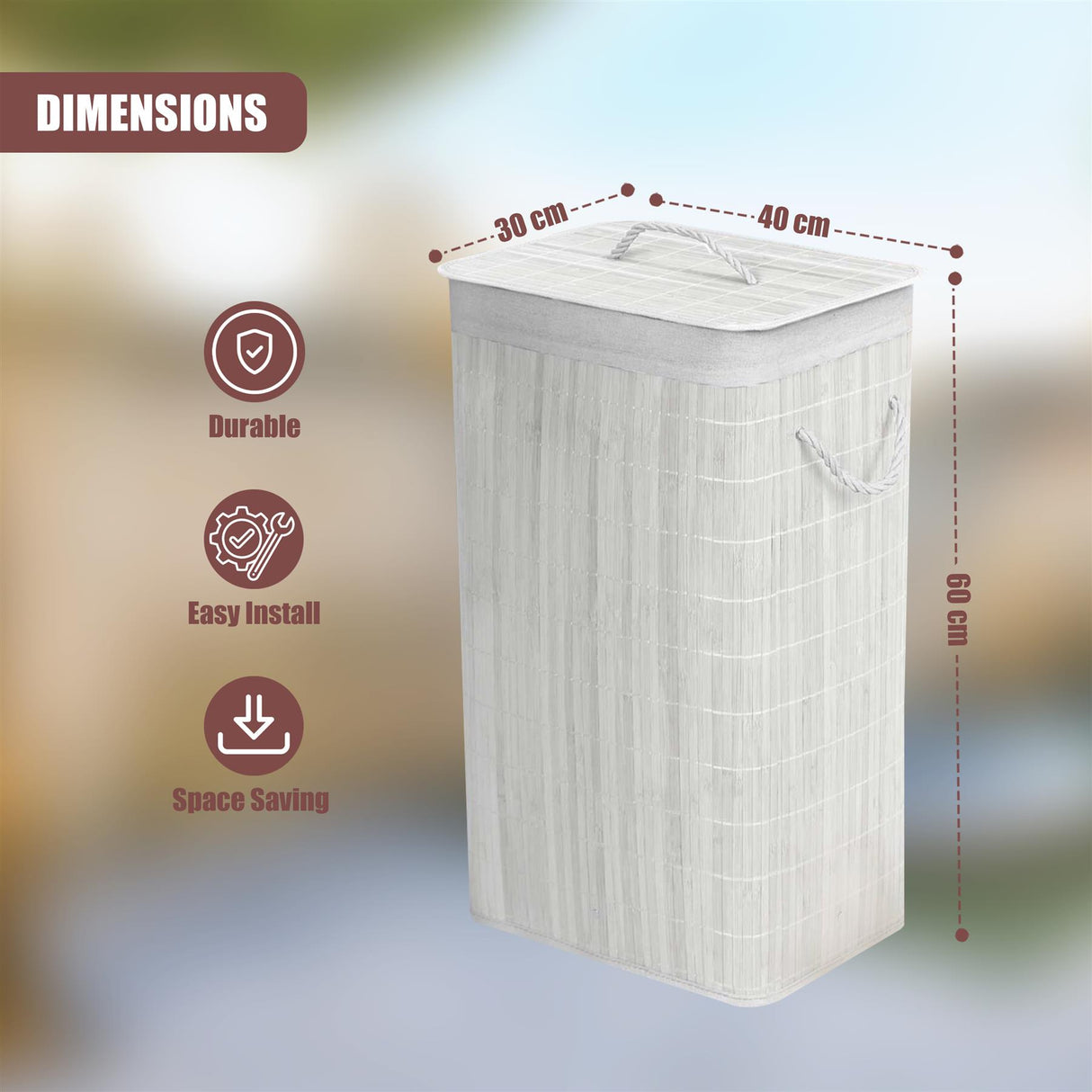 Rectangular Bamboo Laundry Hamper with Lid, White by GEEZY - UKBuyZone