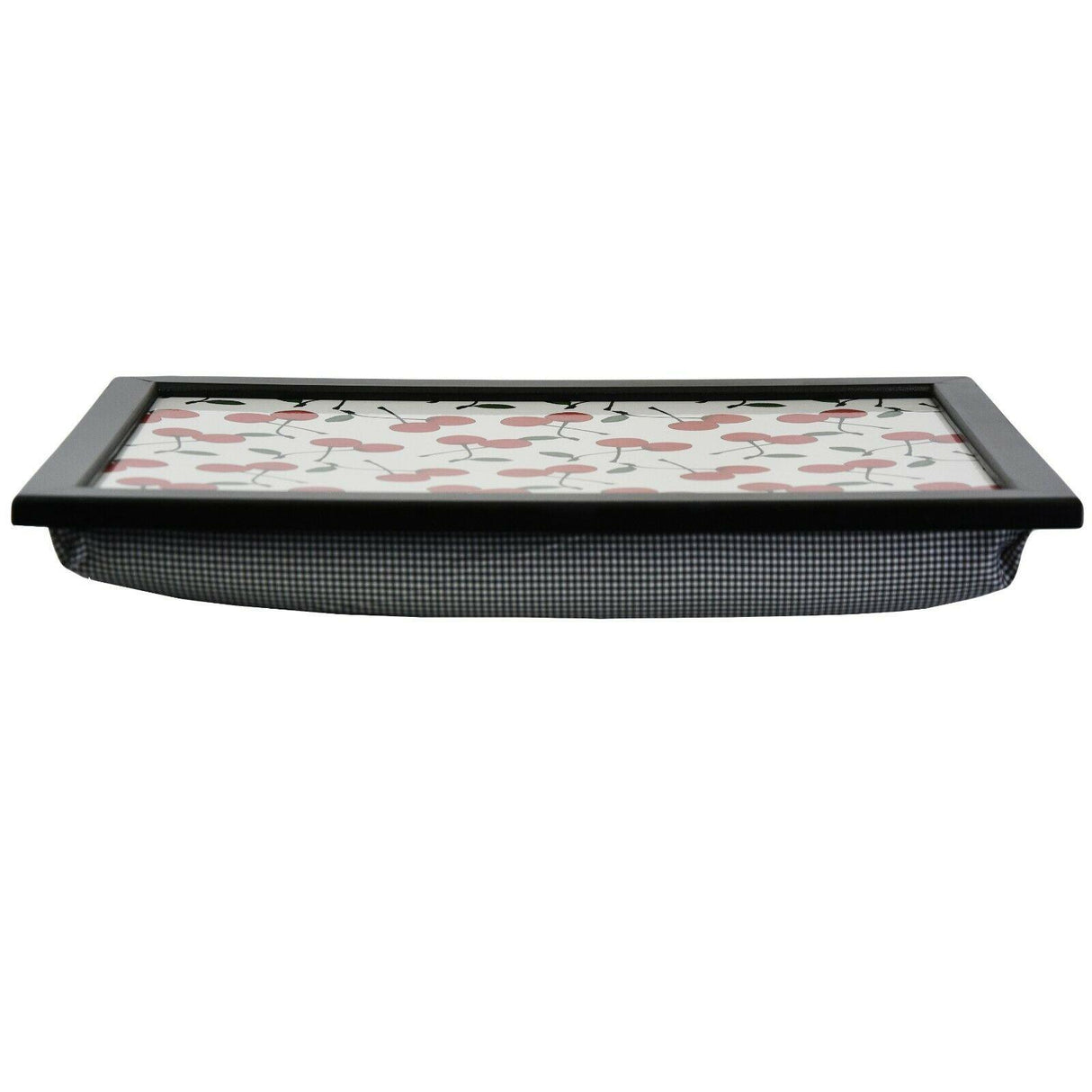 A ceramic baking dish with a cherry pattern and a black and white checkered bottom. - UKBuyZone