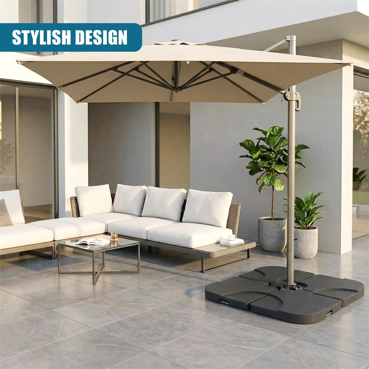 Open cantilever umbrella shade supported by a square base, positioned over outdoor patio furniture.
