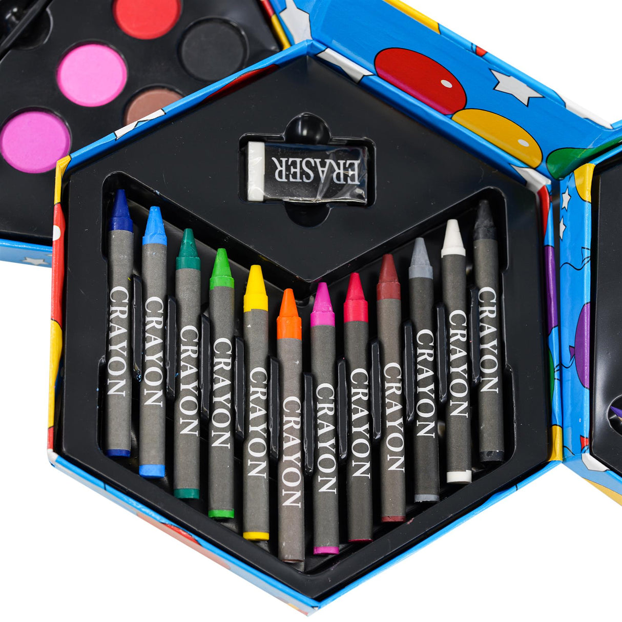 Open storage compartment shows multiple crayons, colored pencils, and a designated eraser.
