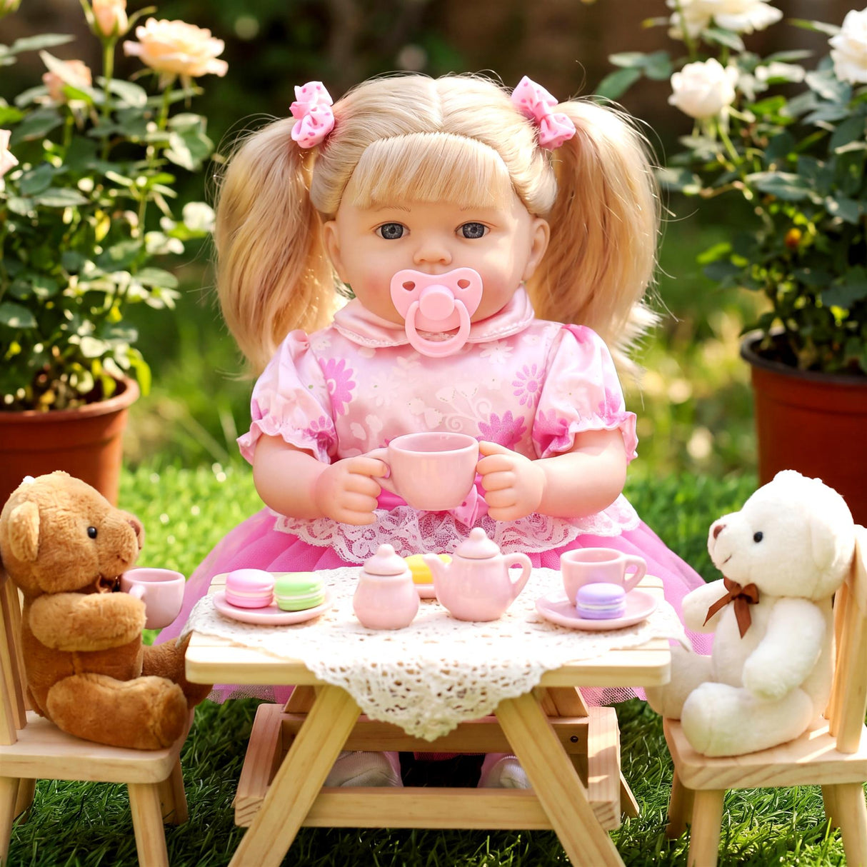 Blonde doll sitting at a wooden table with teacups, plush teddy bear, and white companion.