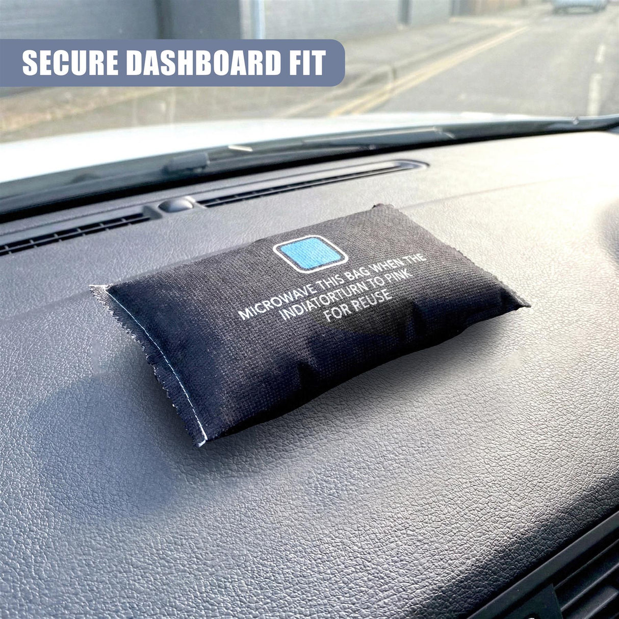 Black cushion bag with text instructing users to microwave the bag for reinflation.