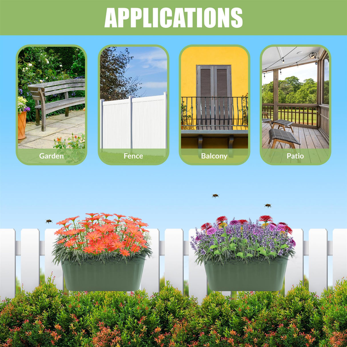 "Four-panel hanging planters with garden, fence, patio, and flower images in a neatly manicured lawn background." - UKBuyZone