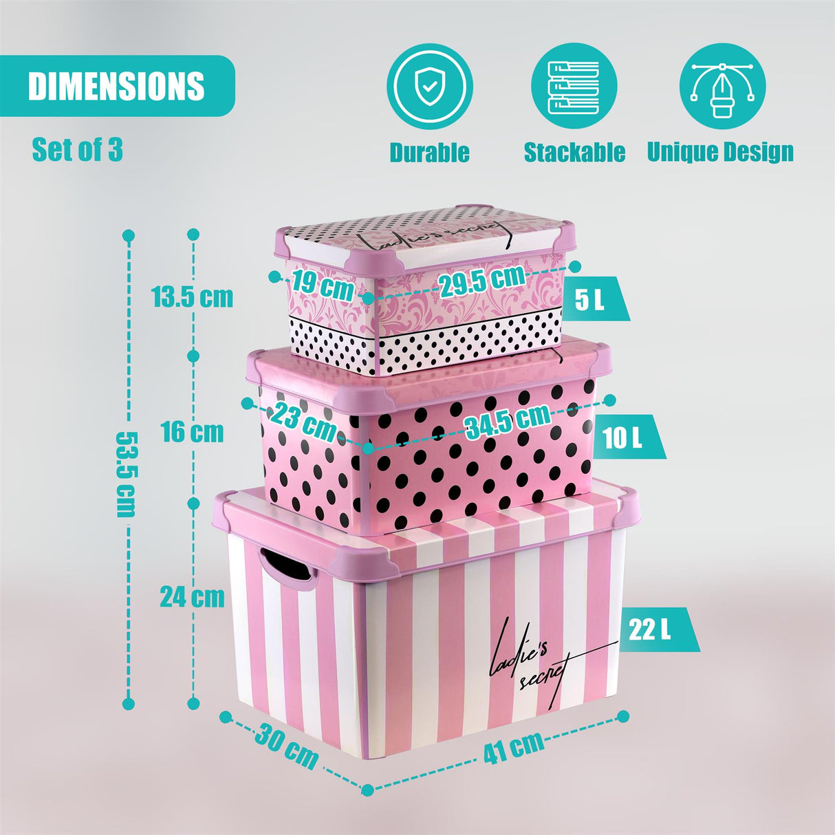 Pink Storage Boxes with Lids - Set of 3 by GEEZY - UKBuyZone