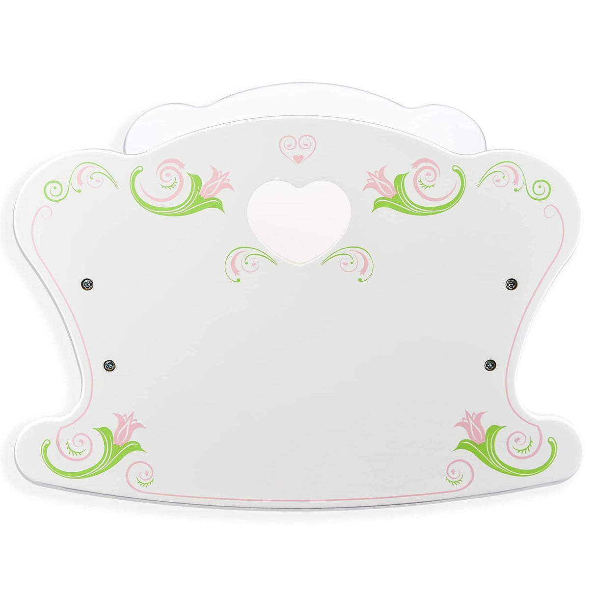 Light-colored decorative plaque with pink and green scrollwork, designed as a cradle for dolls.