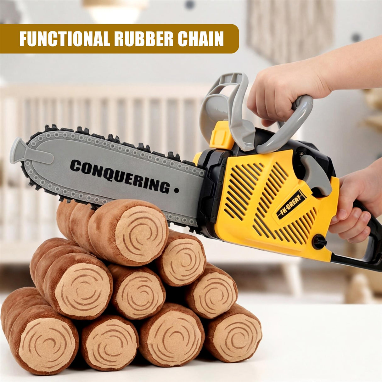 Yellow and black toy chainsaw rests above a neat pile of cut wooden logs.