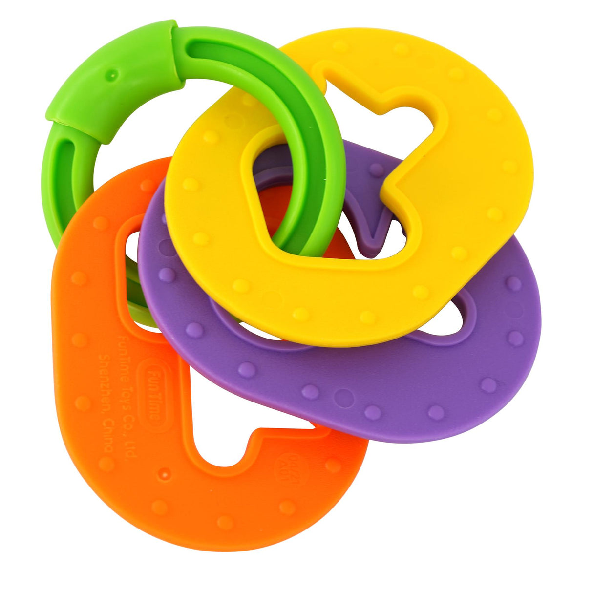 Grouping of circular, curved baby teethers in bright green, yellow, purple, and orange.