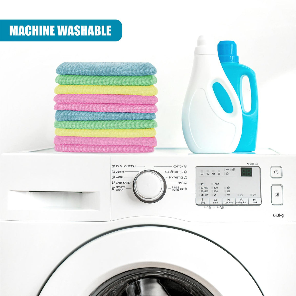 Stacked colored cleaning cloths, detergent bottle, and a front-loading washing machine are visible.
