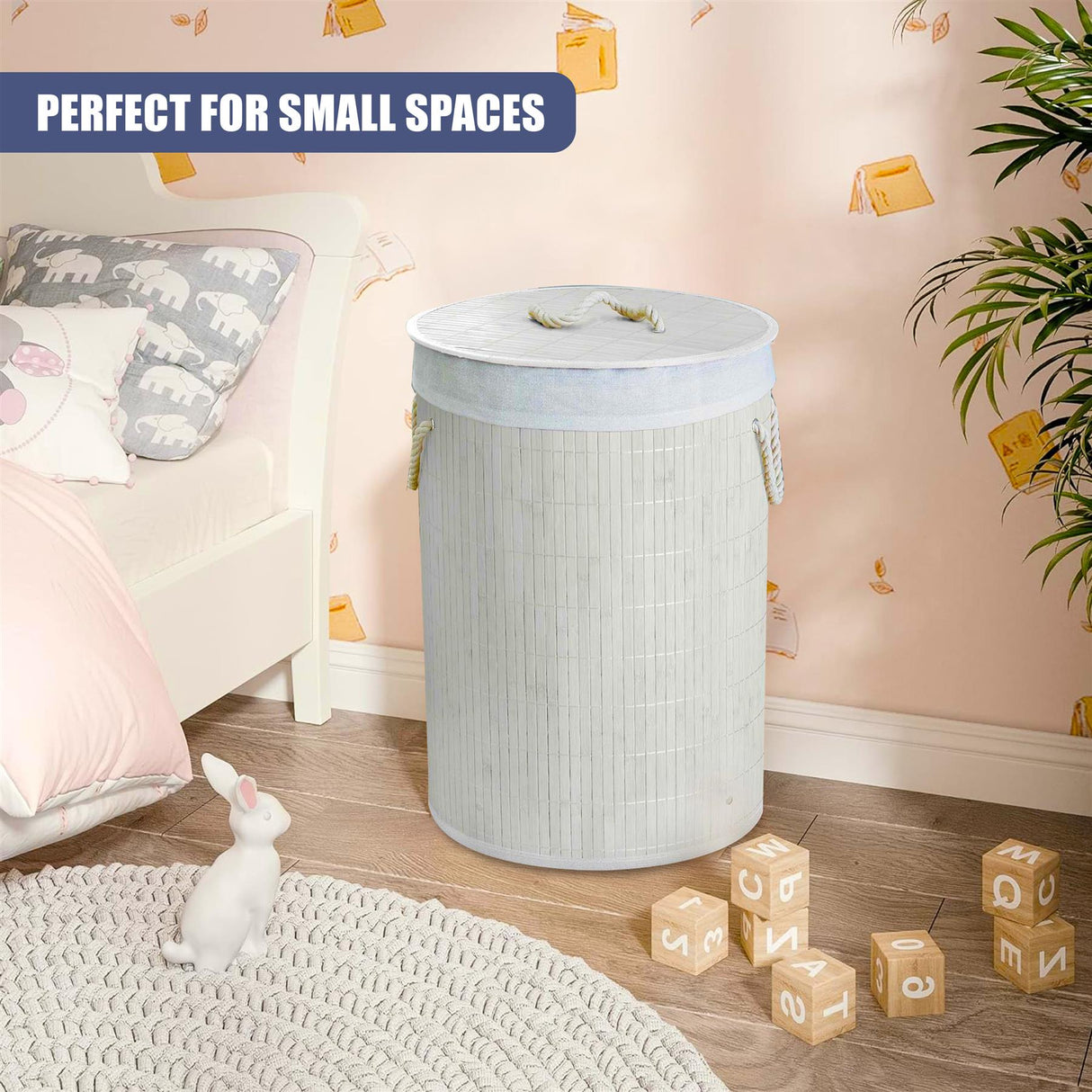 Round Bamboo Laundry Hamper with Lid, White by GEEZY - UKBuyZone