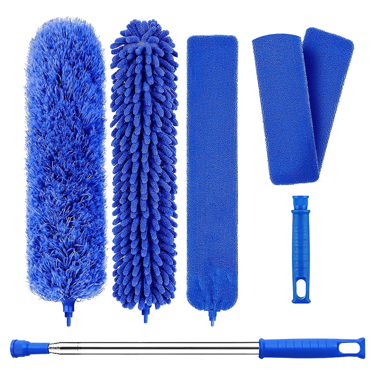 Six blue cleaning tools, including fluffy, crevice, and flat dusters, and a telescoping extension pole.