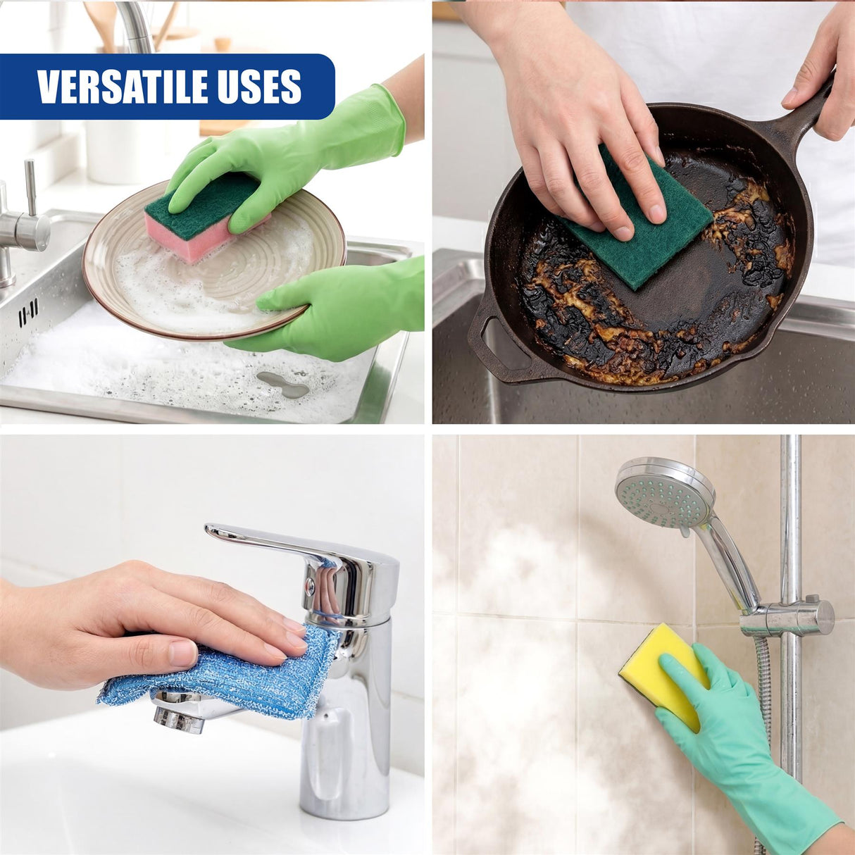 Hands wearing green gloves scrub a soapy plate in the kitchen sink.
Hands wearing green gloves scrub a dark, soiled cooking pot in the kitchen sink.
Green gloved hands scrub the metallic kitchen faucet fixture with a sponge.
Green gloved hands scrub a shower fixture with a yellow sponge.