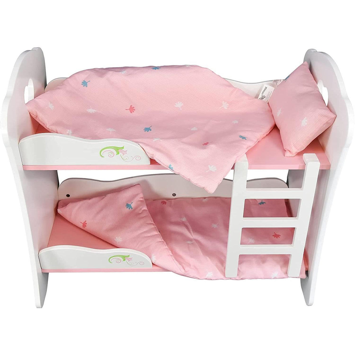 "Pink bunk beds with white bedding, two sets of ladders and three pillows in each cot." - UKBuyZone