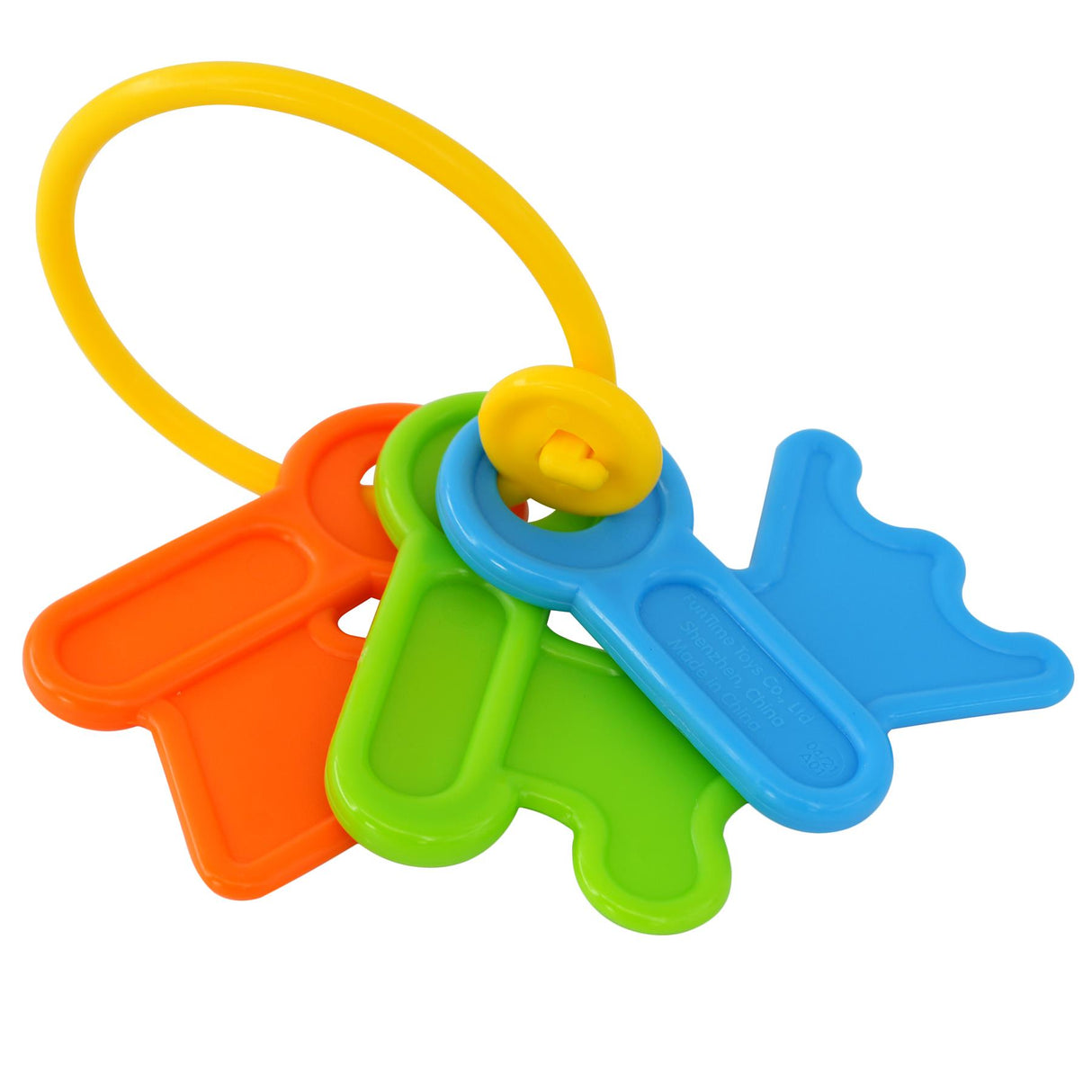 Set of three colorful plastic teethers in orange, green, and blue attached to a yellow ring.