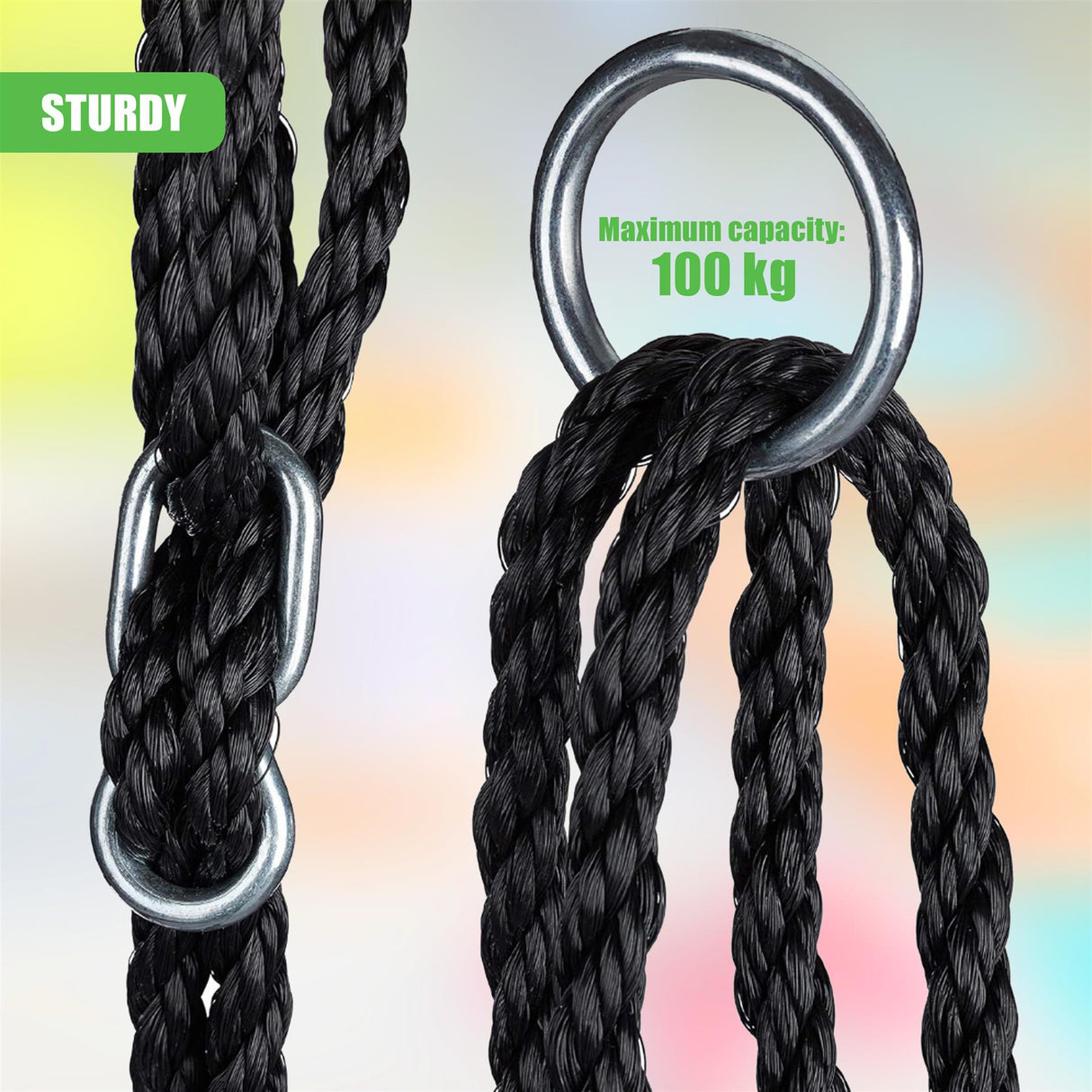 Heavy black braided ropes with attached metal rings and a 100 kg maximum capacity label.