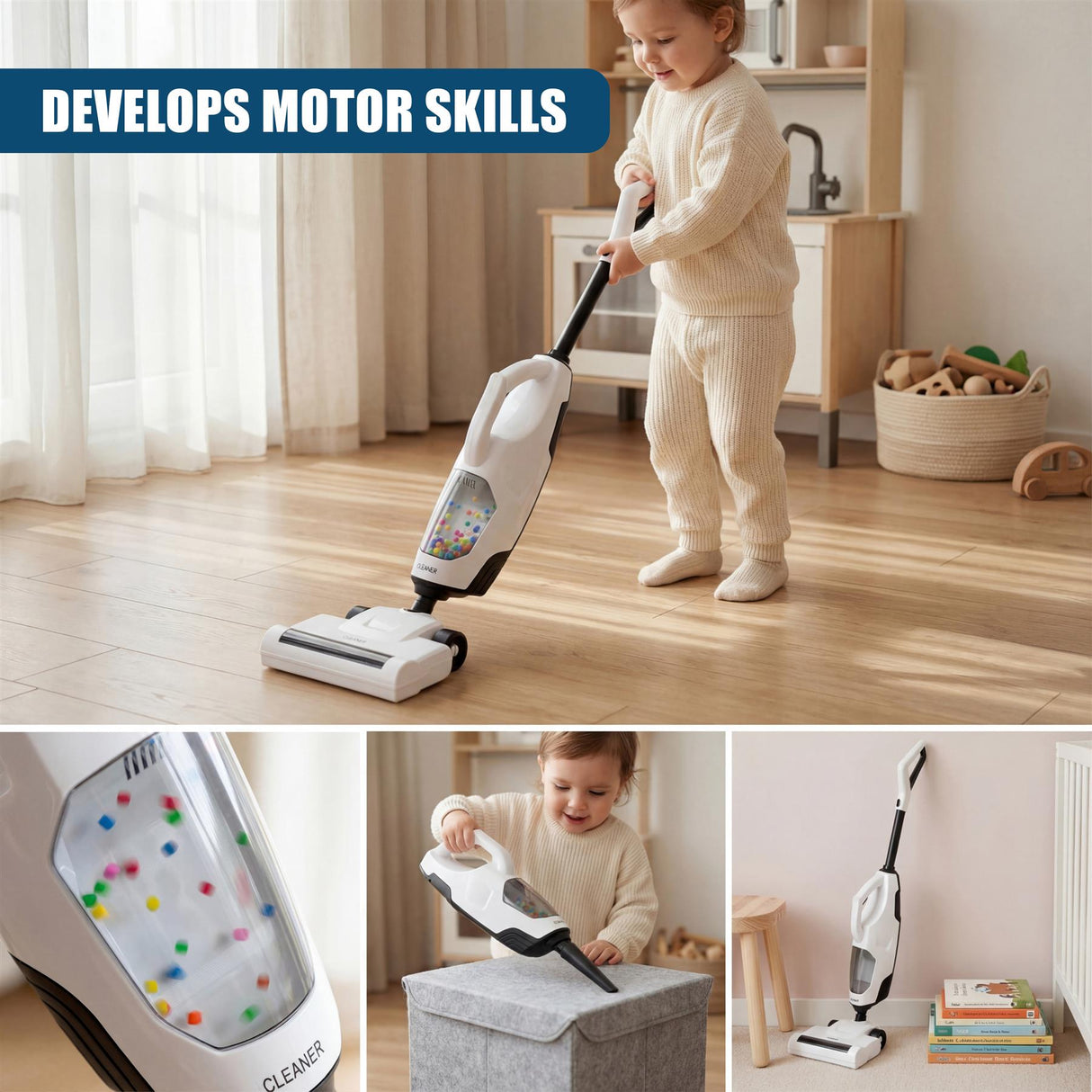 A toddler plays with a motorized toy vacuum cleaner in a bright, domestic setting.