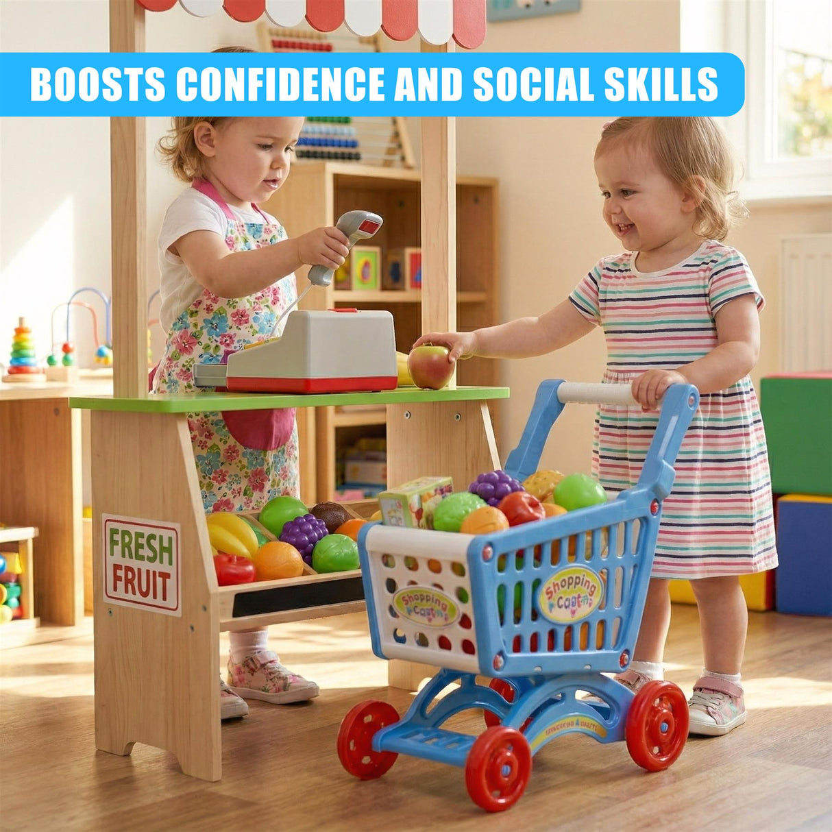 A blue toy shopping cart with plastic fruits and vegetables, designed to encourage imaginative play by imitating a real-life shopping experience. - UKBuyZone