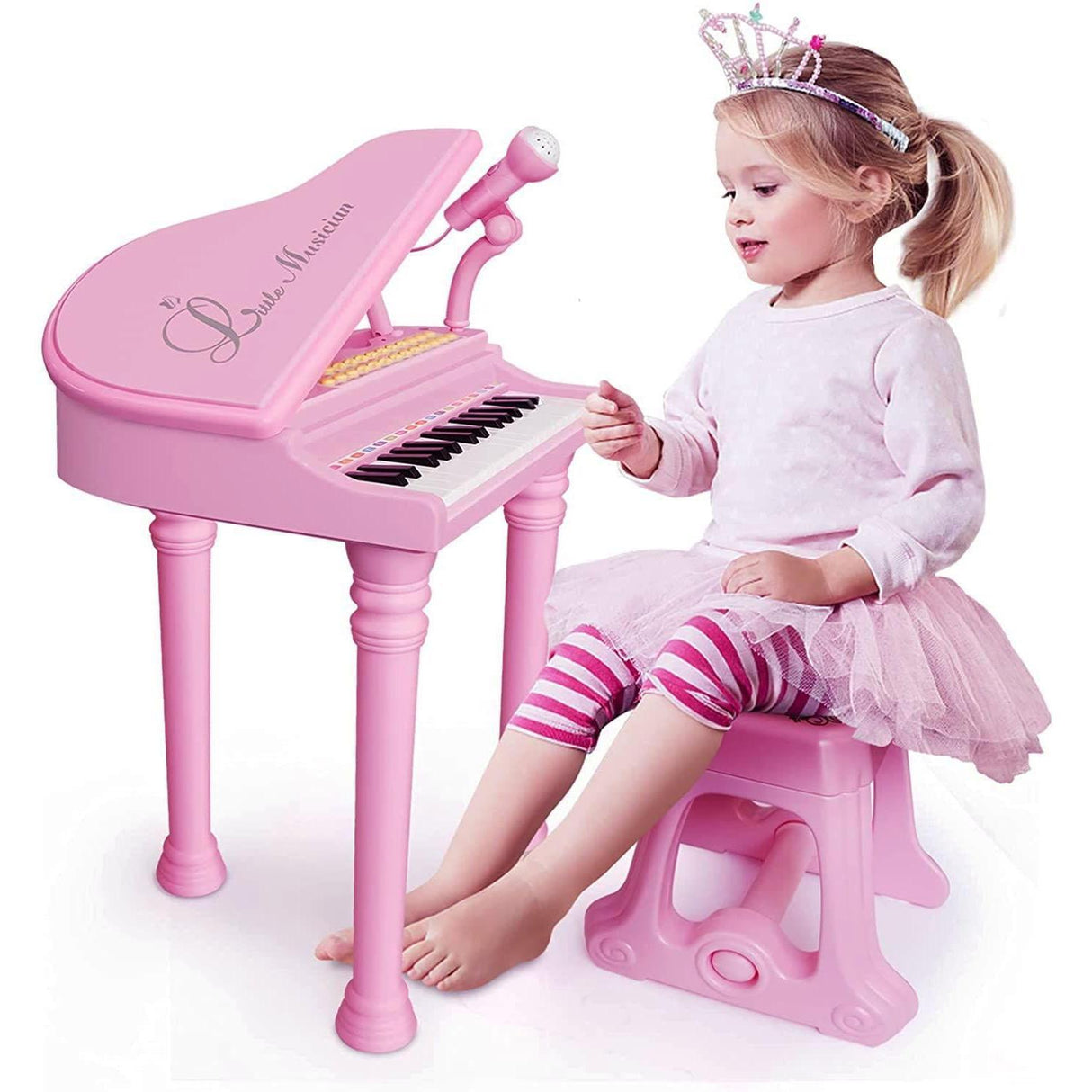 Pink Electronic Piano With Microphone and Stool by The Magic Toy Shop - UKBuyZone