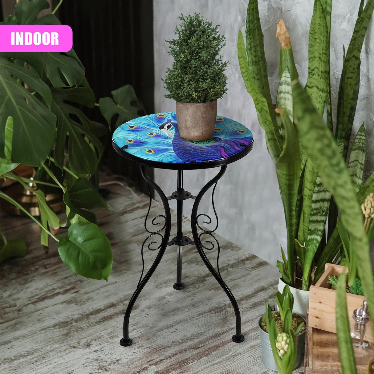 Round Side Mosaic Garden Table With Blue Peacock Design by Geezy - UKBuyZone