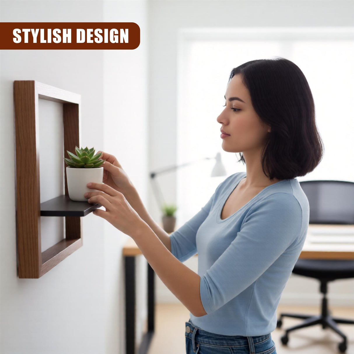 - A female figure holding a small plant, possibly examining the shelf's design or use as a desk organizer.
- Two identical floating shelves mounted on a wall. - UKBuyZone