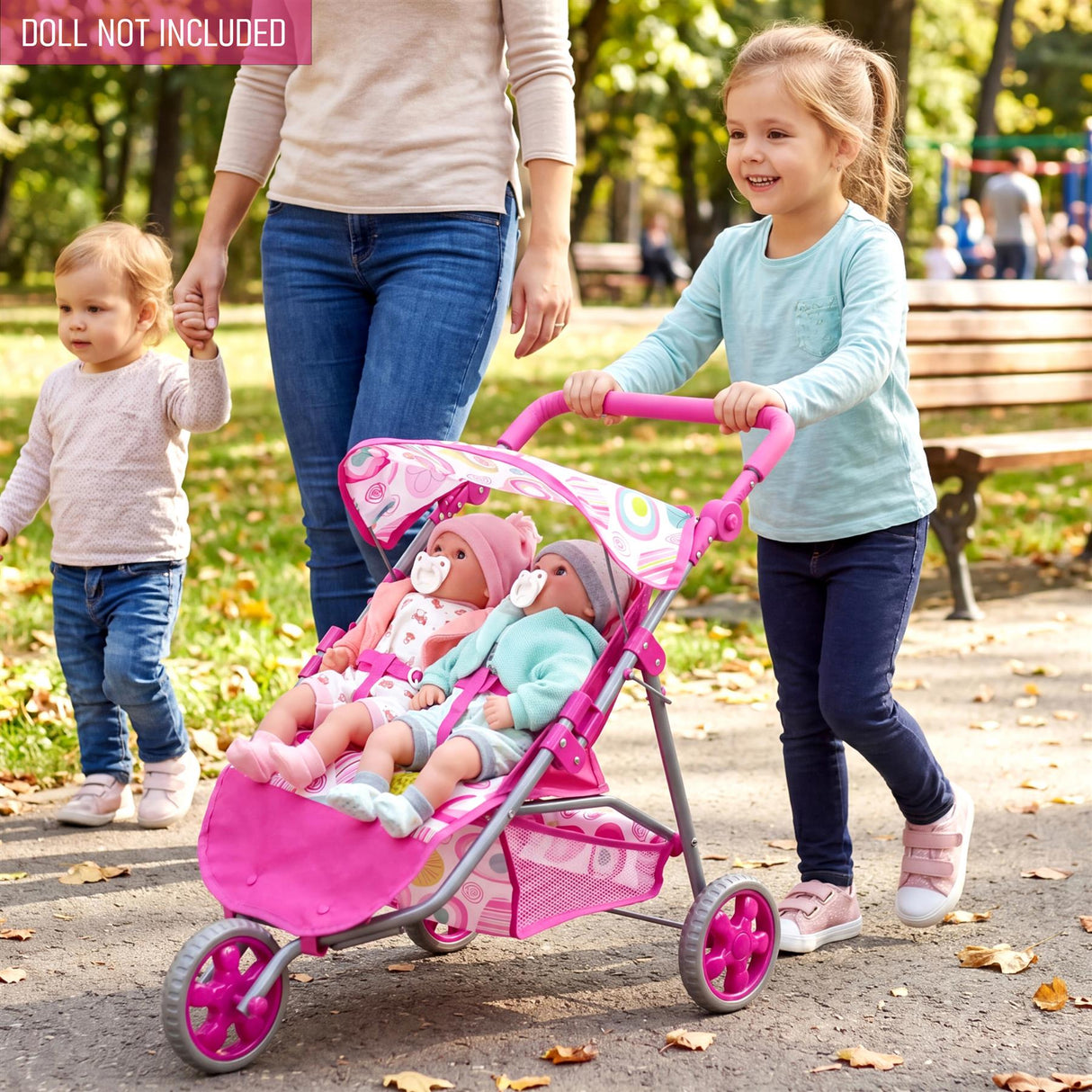 3 Wheeler Twin Doll's Pushchair, Pink