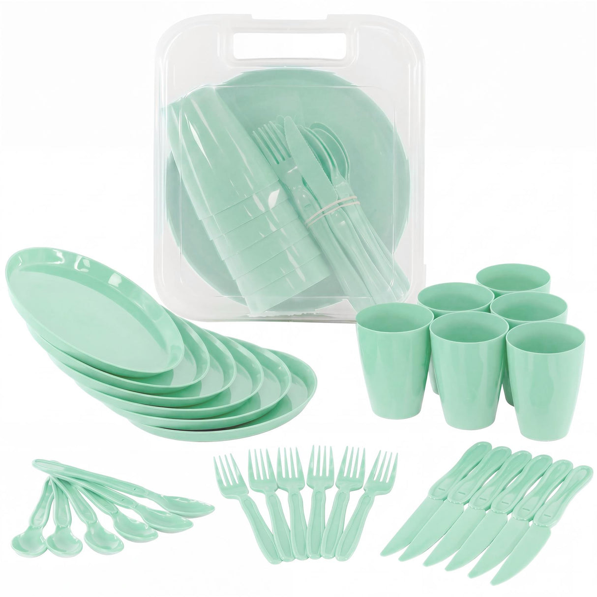 The set includes stacked plates, cups, spoons, forks, knives, and a clear storage caddy.