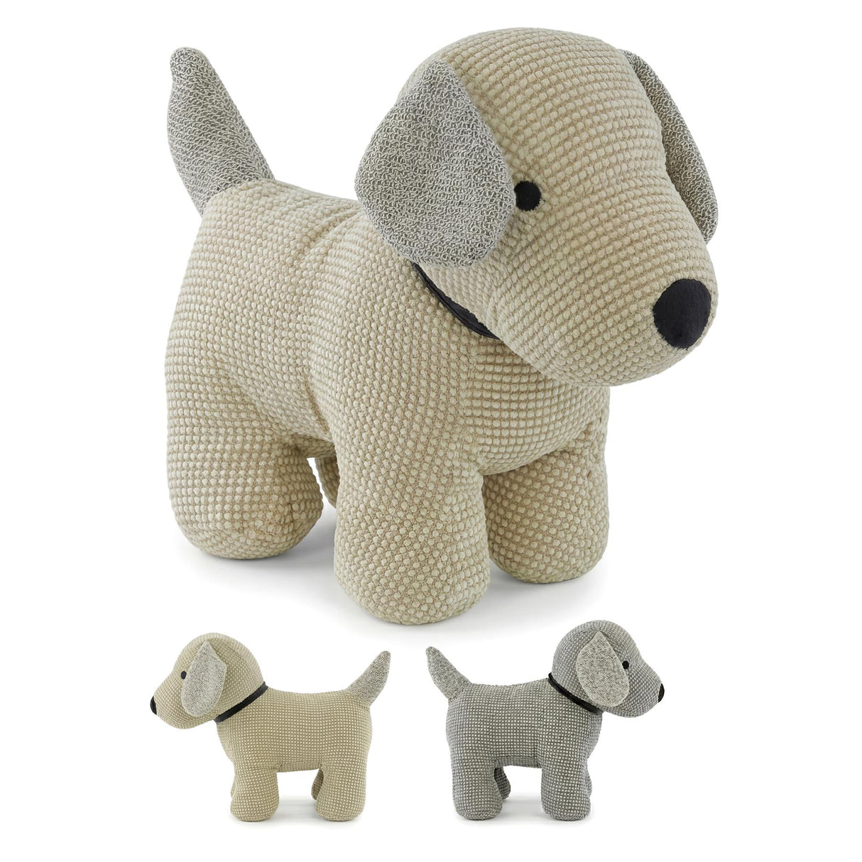 Set of three knitted stuffed dog novelties: one large tan dog and two smaller gray and cream dogs.