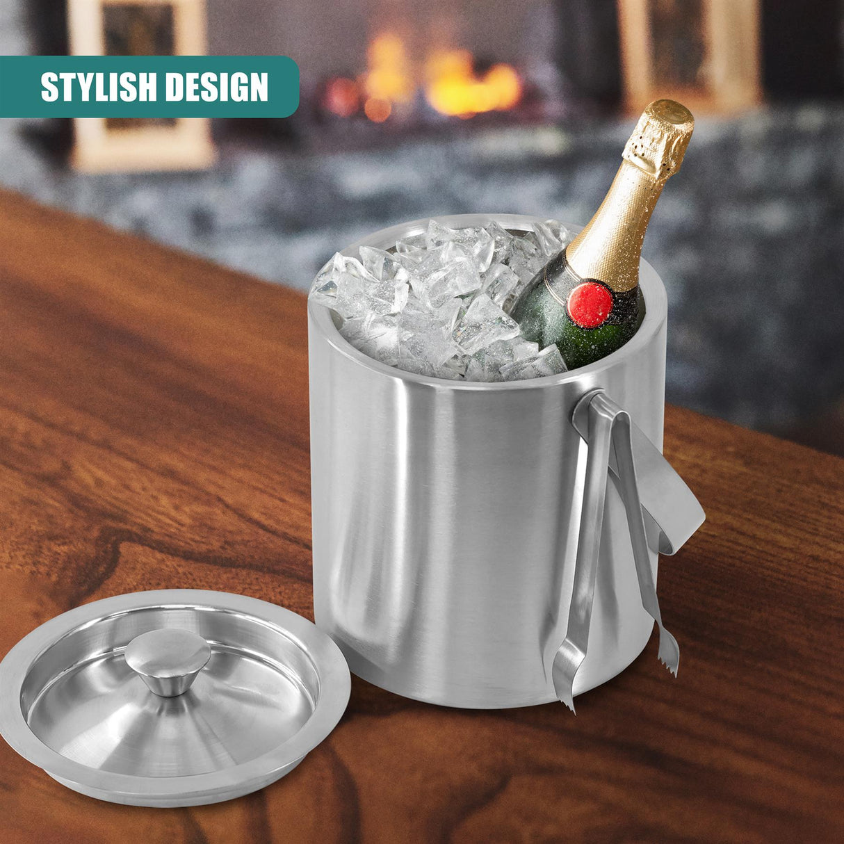 Stainless Steel Ice Bucket With Lid And Ice Tongs by Geezy - UKBuyZone