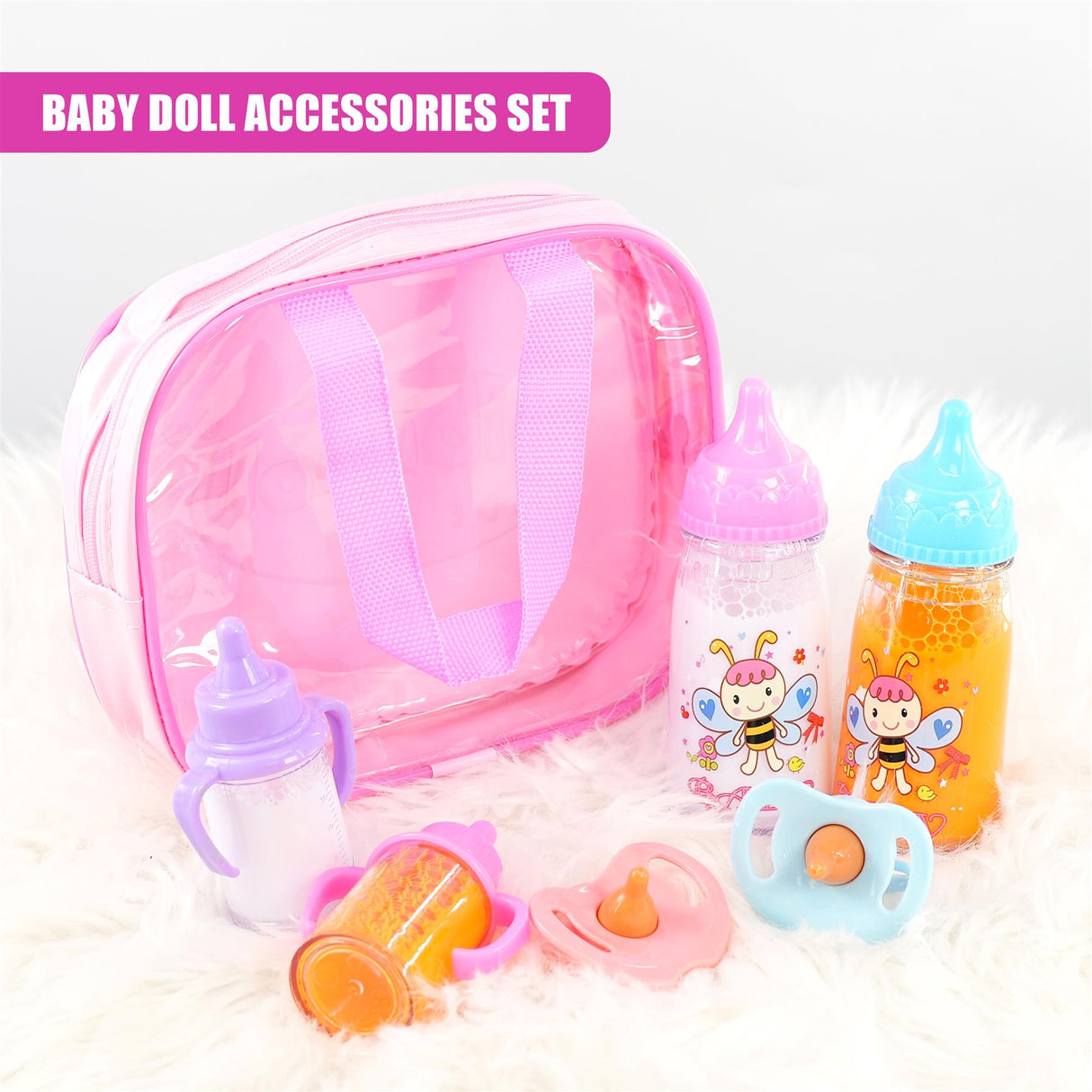 A set of baby toys featuring a pink pouch, two patterned bottles, pacifier, and assorted teethers.