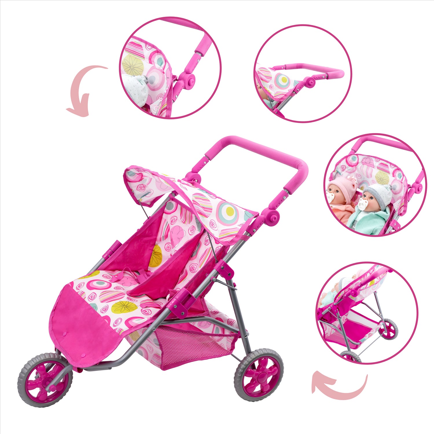 Pink Twin Dolls Stroller with Storage Basket by BiBi Doll - UKBuyZone