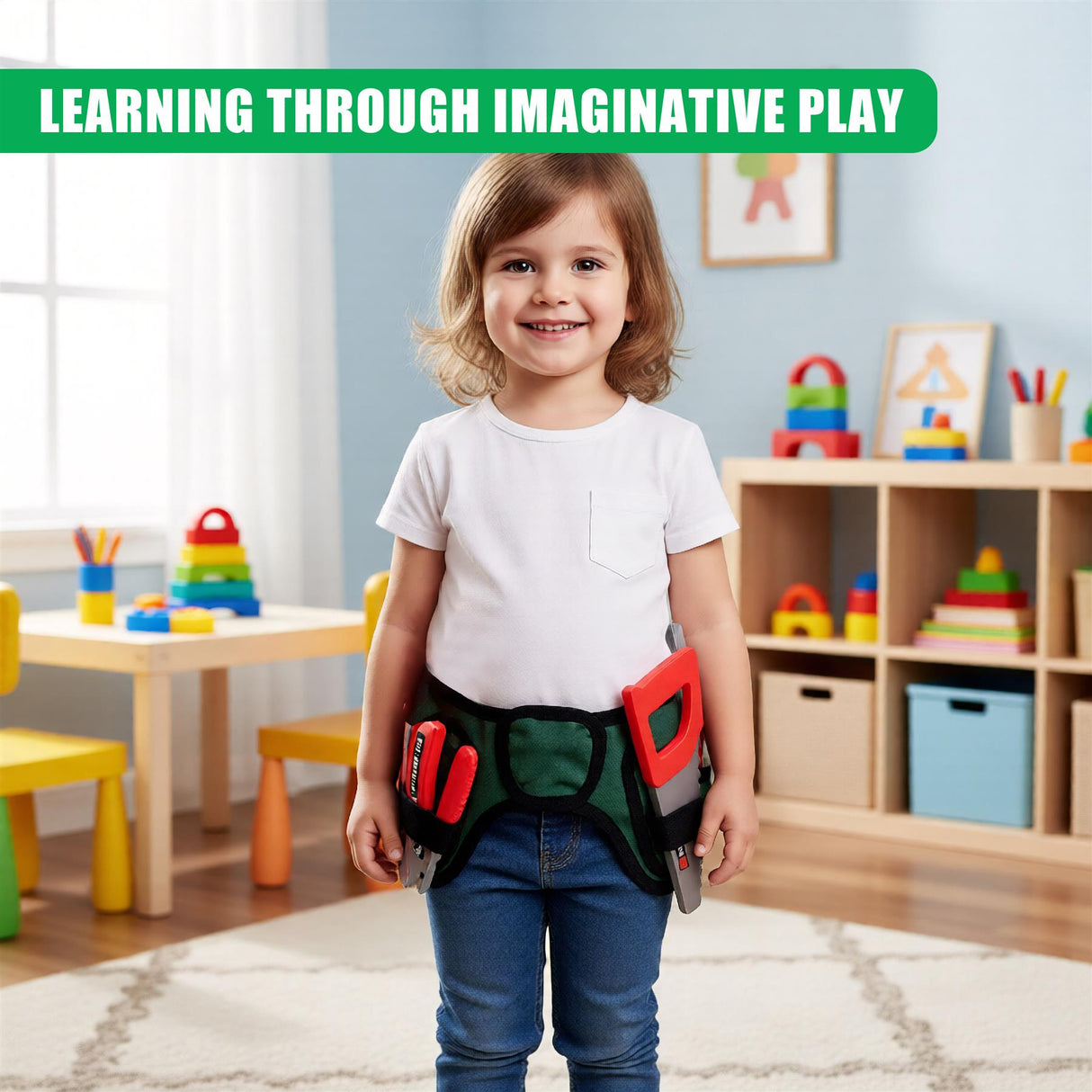 A children's tool set and work belt with a variety of tools, designed for imaginative play. - UKBuyZone