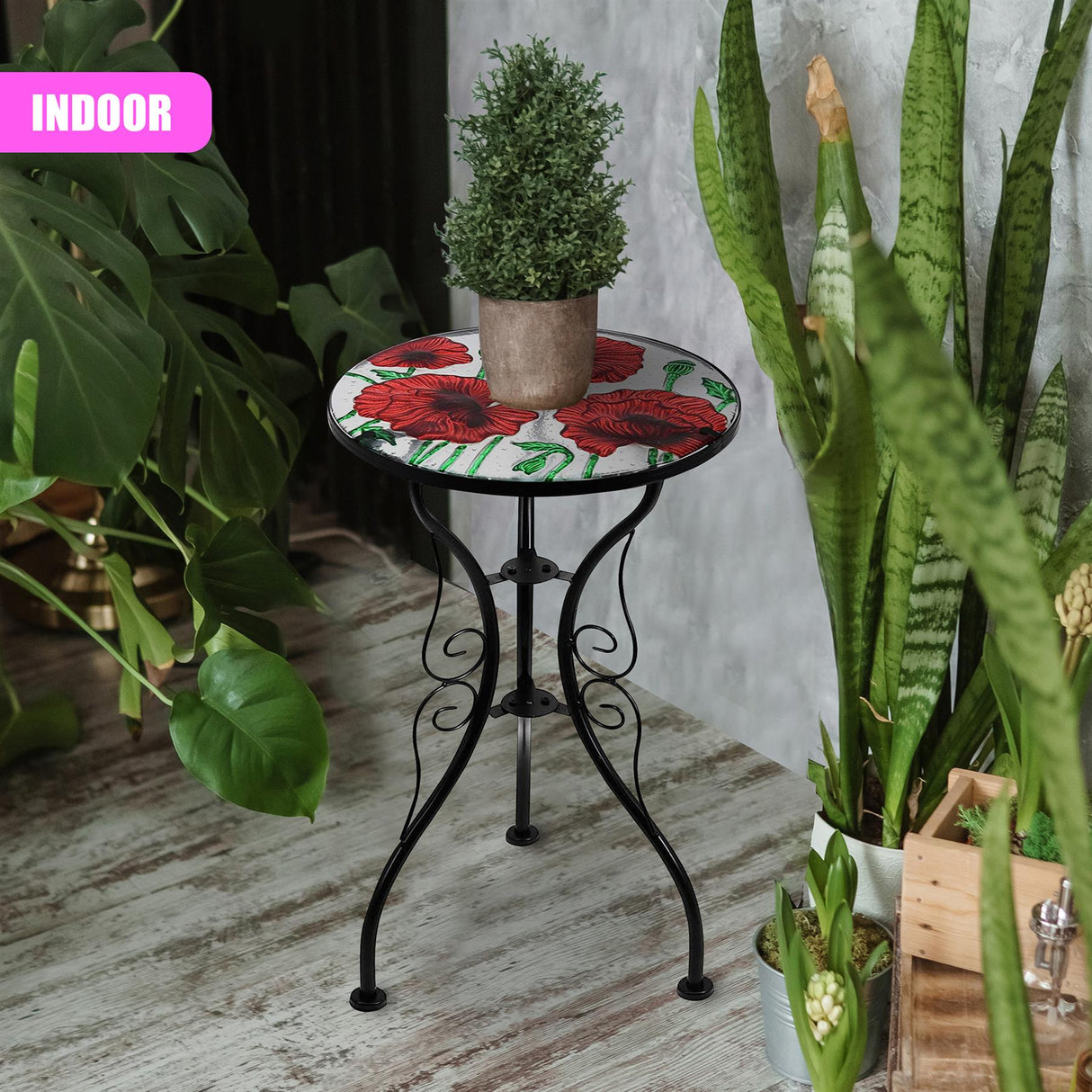 Round Side Mosaic Garden Table With Poppies Design by Geezy - UKBuyZone