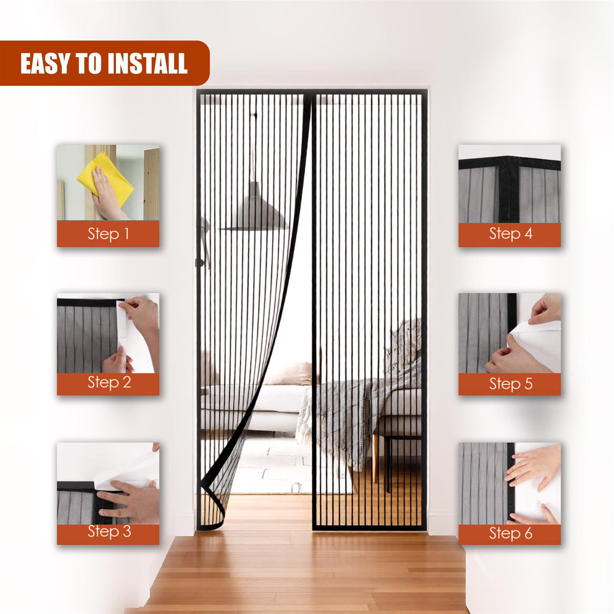 A two-panel screen door with a mesh screen in the middle, demonstrating how to install it with a step-by-step guide. - UKBuyZone