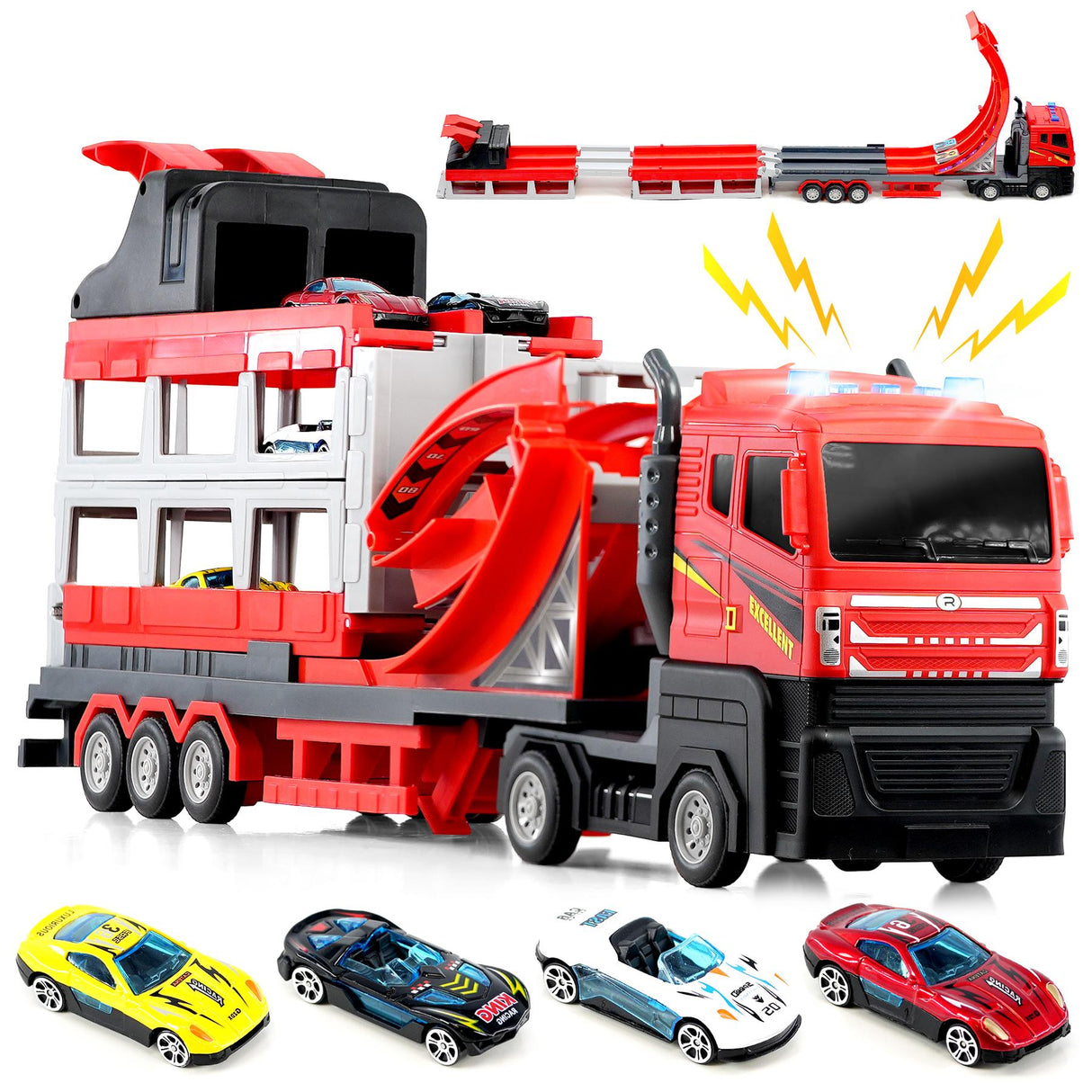 Large red toy catapult truck featuring a crane structure and four detailed accompanying miniature cars.